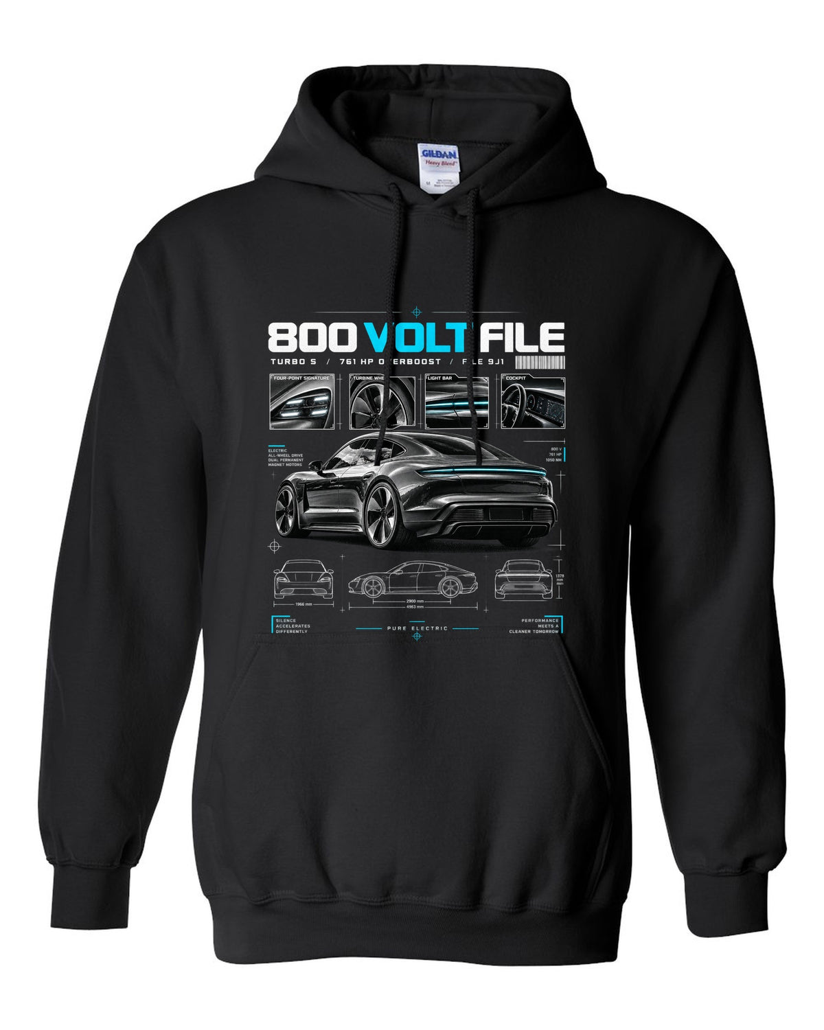 Dossier panel print of a 2020 Porsche Taycan Turbo S 9J1 with turbine wheel and light bar black pull over hoodie front view with the design