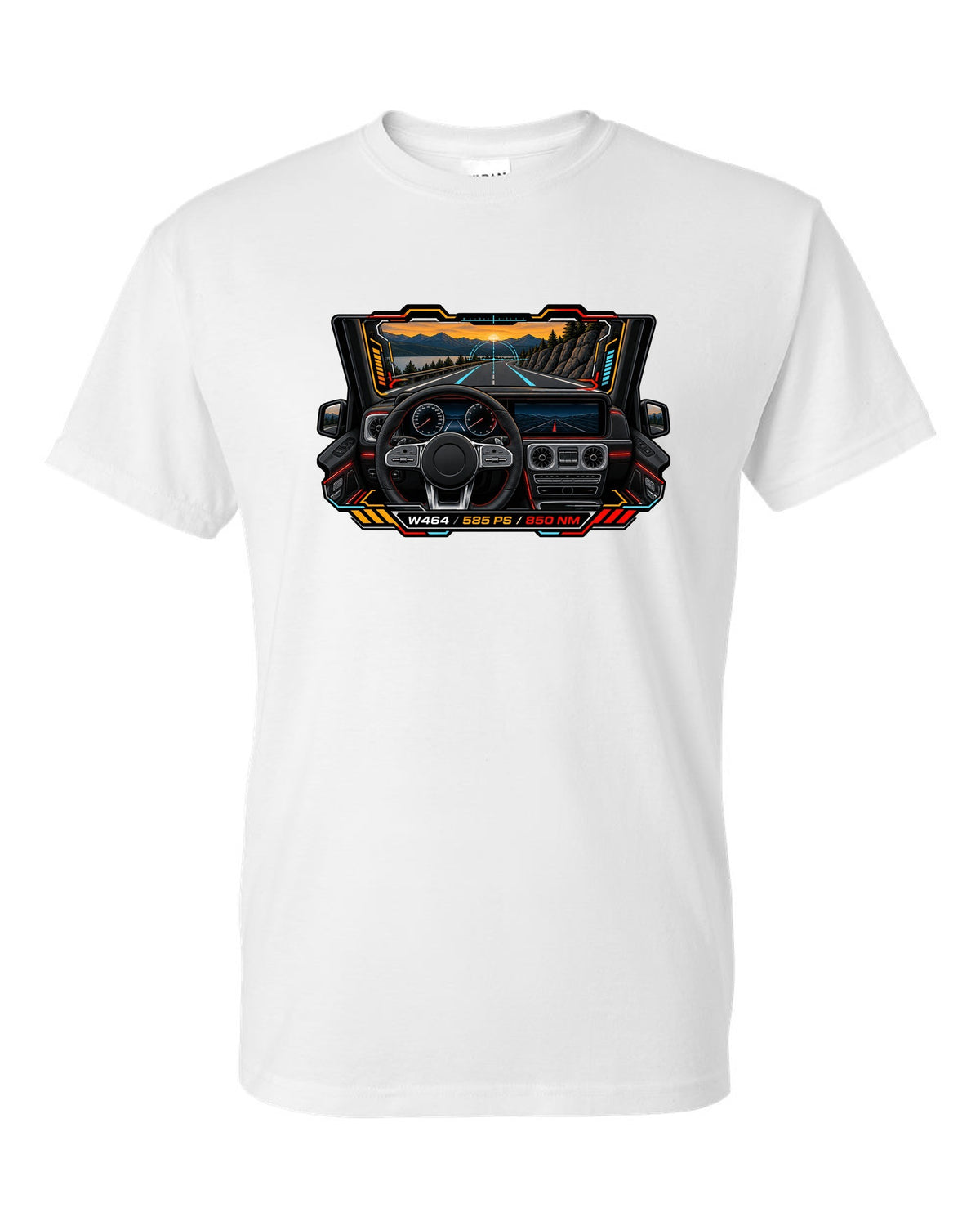 Gauge-cluster HUD graphic reading W464 585 PS 850 NM for the Mercedes G63, print white t-shirt front view with the design