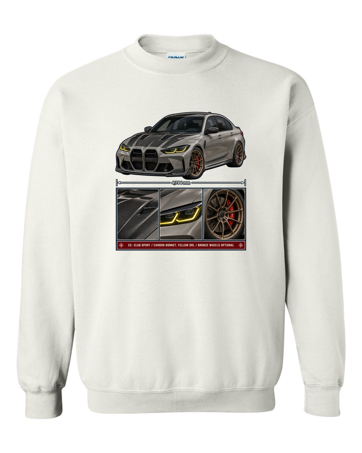 BMW M3 CS G80 dossier panels print design white crewneck front view with the design
