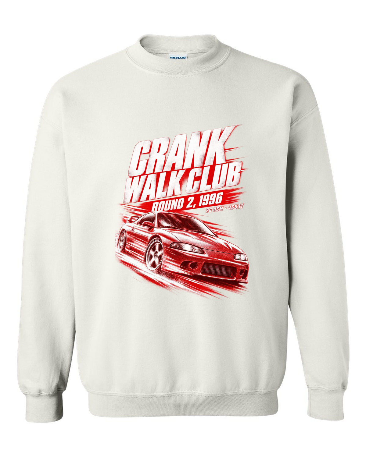 Mitsubishi Eclipse GSX 2G DSM race poster print with 4G63T and Crank Walk Club text white crewneck front view with the design