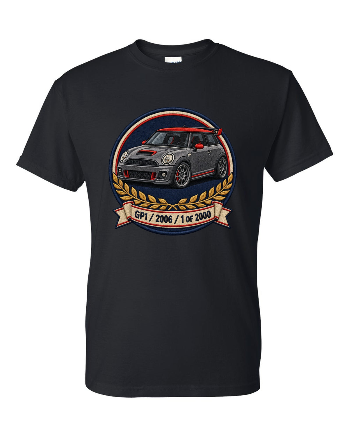 Varsity crest for the Mini Cooper GP1 2006, 1 of 2000 black t-shirt front view with the design