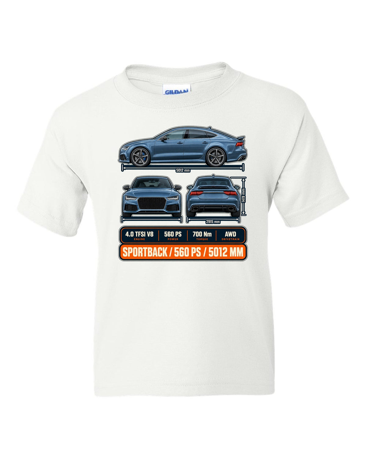 Audi RS7 Sportback C7 three-view drawing in graphite-blue print with 560 PS white kids tee front view with the design
