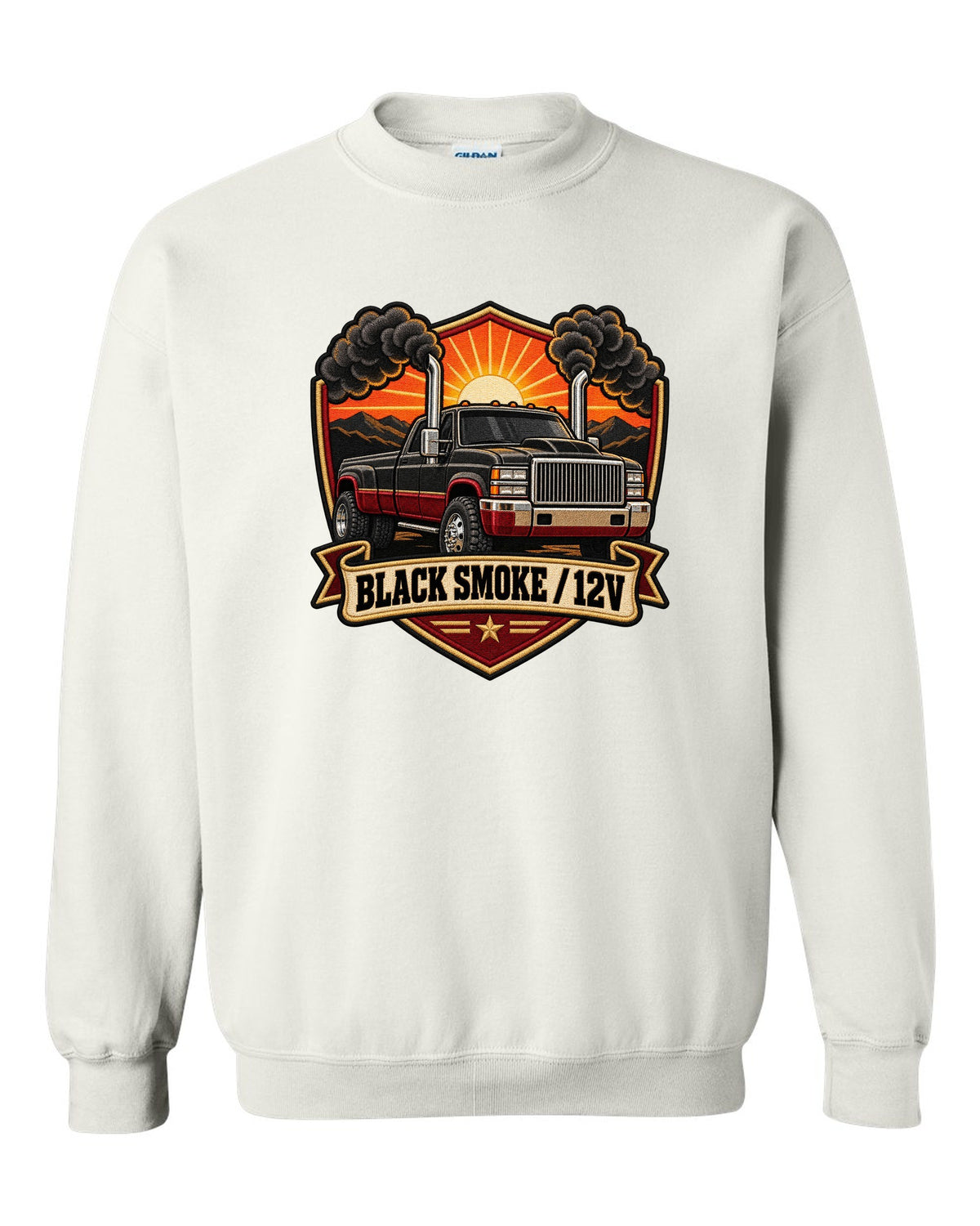 Varsity crest print of a 1994-1998 Dodge Ram 2nd gen with twin chrome smoke stacks and 12V text white crewneck front view with the design