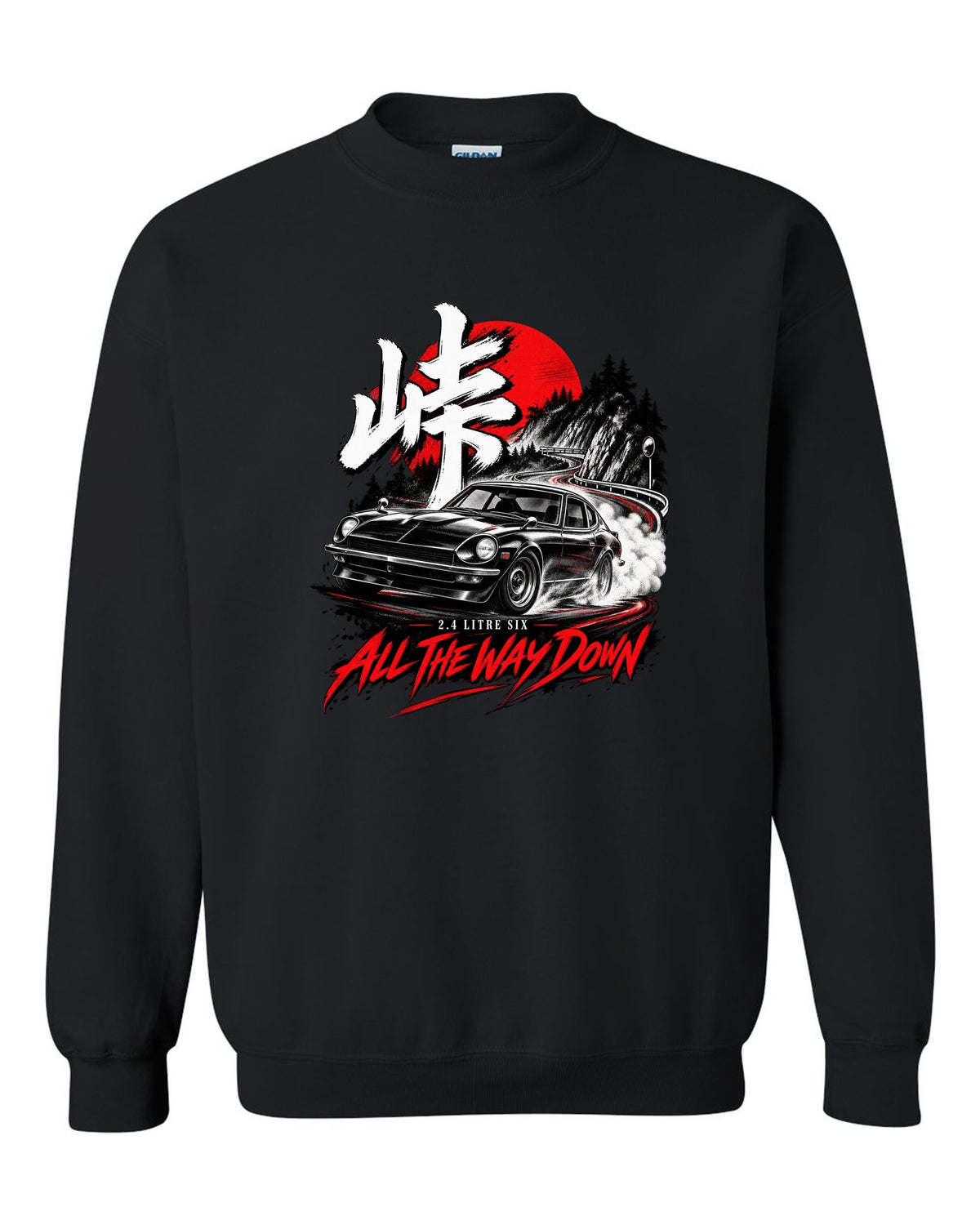 print of a 1971 Datsun 240Z HLS30 sliding downhill at night with touge kanji black crewneck front view with the design