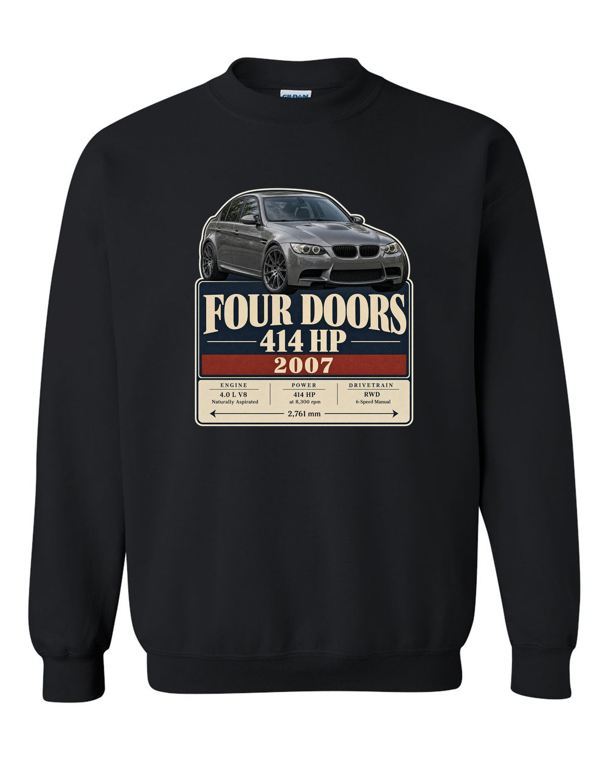 BMW M3 E90 saloon archive panel print black crewneck front view with the design