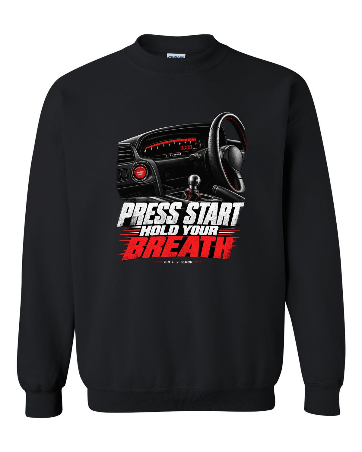 Honda S2000 AP1 roadster cockpit gauge design with press start text black crewneck front view with the design