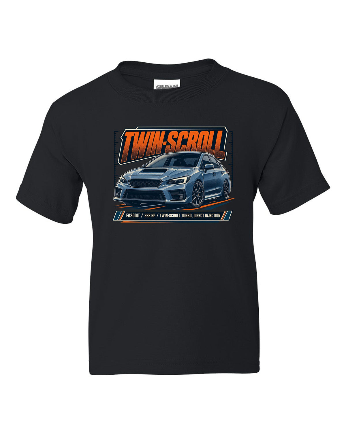 Subaru WRX VA sedan front three-quarter halftone design black kids tee front view with the design