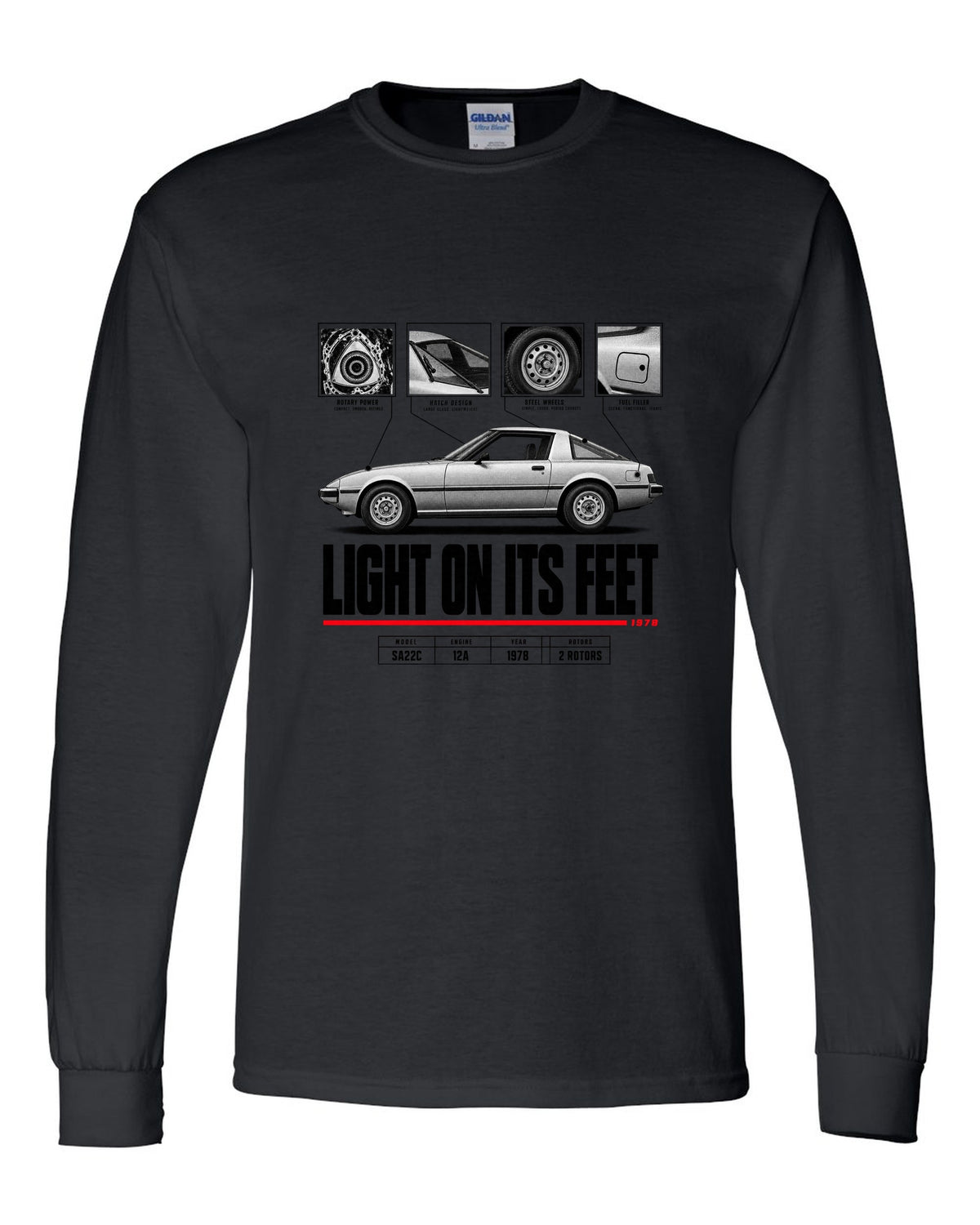 Spec poster print of a Mazda RX-7 SA22C Savanna with 12A lettering black long sleeve front view with the design