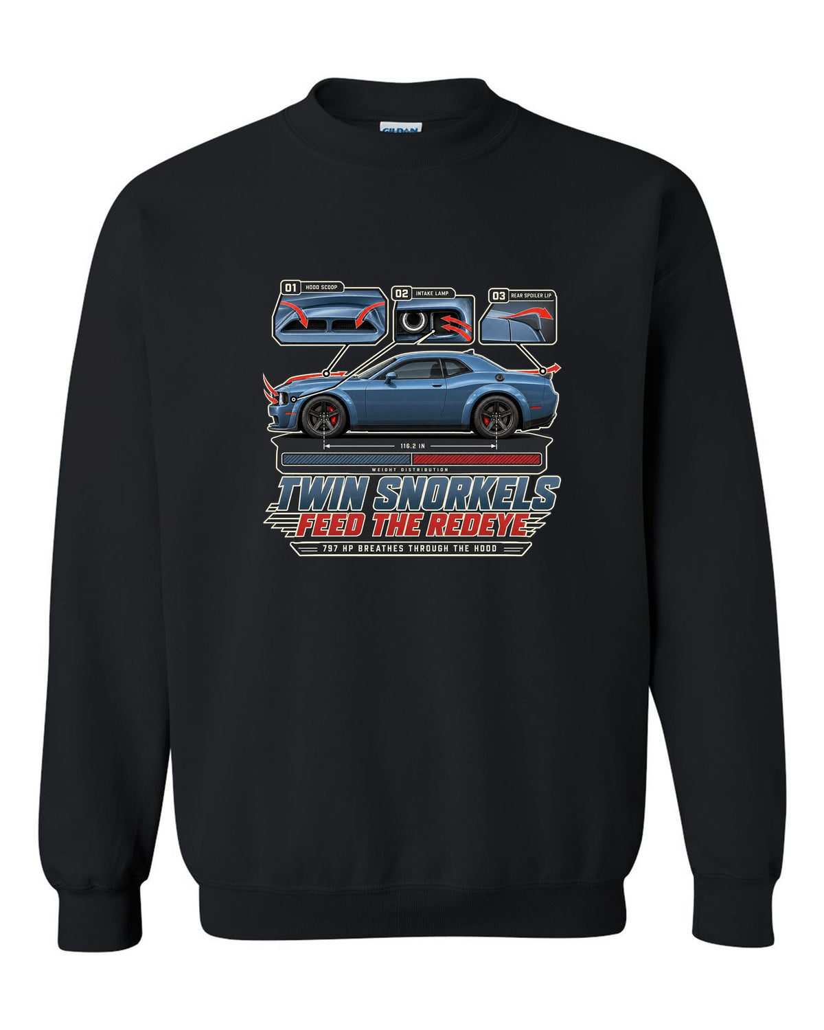 Dodge Challenger Hellcat Redeye Widebody aero callouts showing twin hood snorkels black crewneck front view with the design
