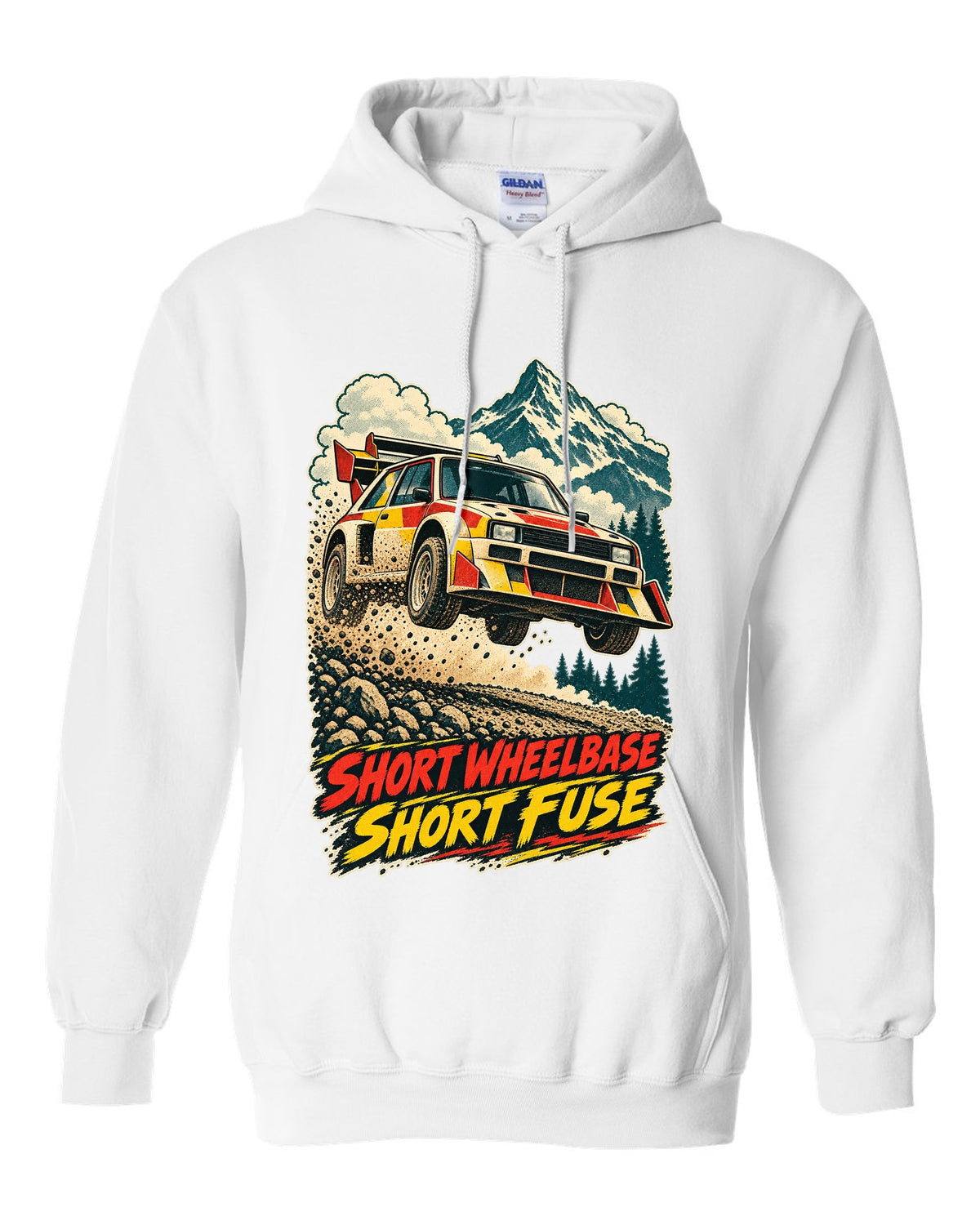 Vintage race-poster lithograph print of a 1985 Audi Sport Quattro S1 E2 with Short Fuse lettering white pull over hoodie front view with the design