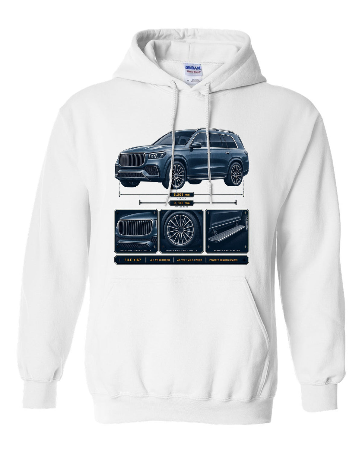 print dossier panels of a Mercedes-Maybach GLS 600 X167 in blue-grey white pull over hoodie front view with the design