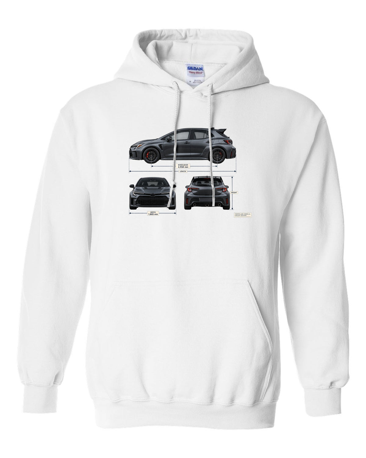 Toyota GR Corolla Core chback in Heavy Metal grey-blue with editorial headline text white pull over hoodie front view with the design