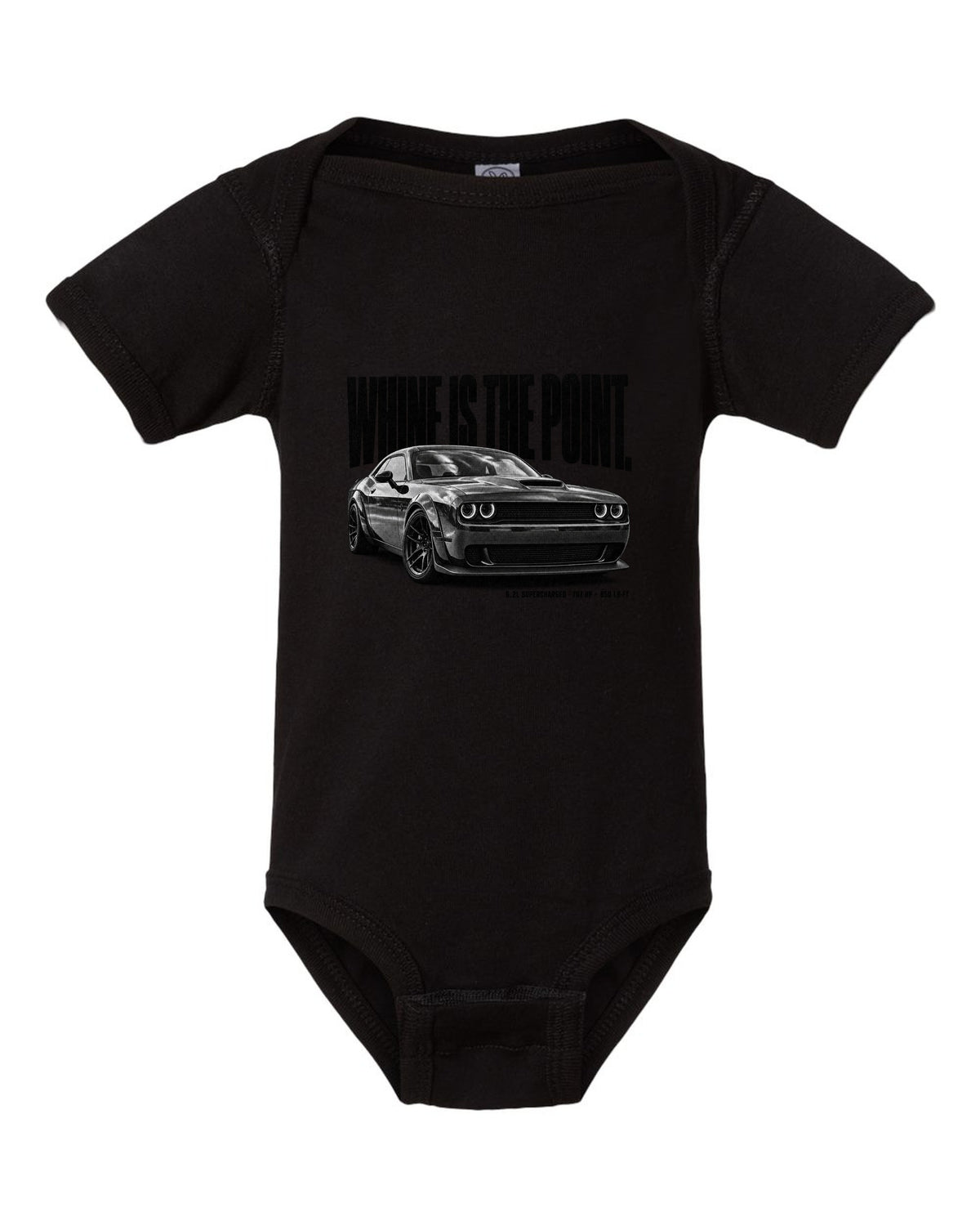 Halftone statement print of a 2018 Dodge Challenger Hellcat with whine is the point text black baby onesie front view with the design