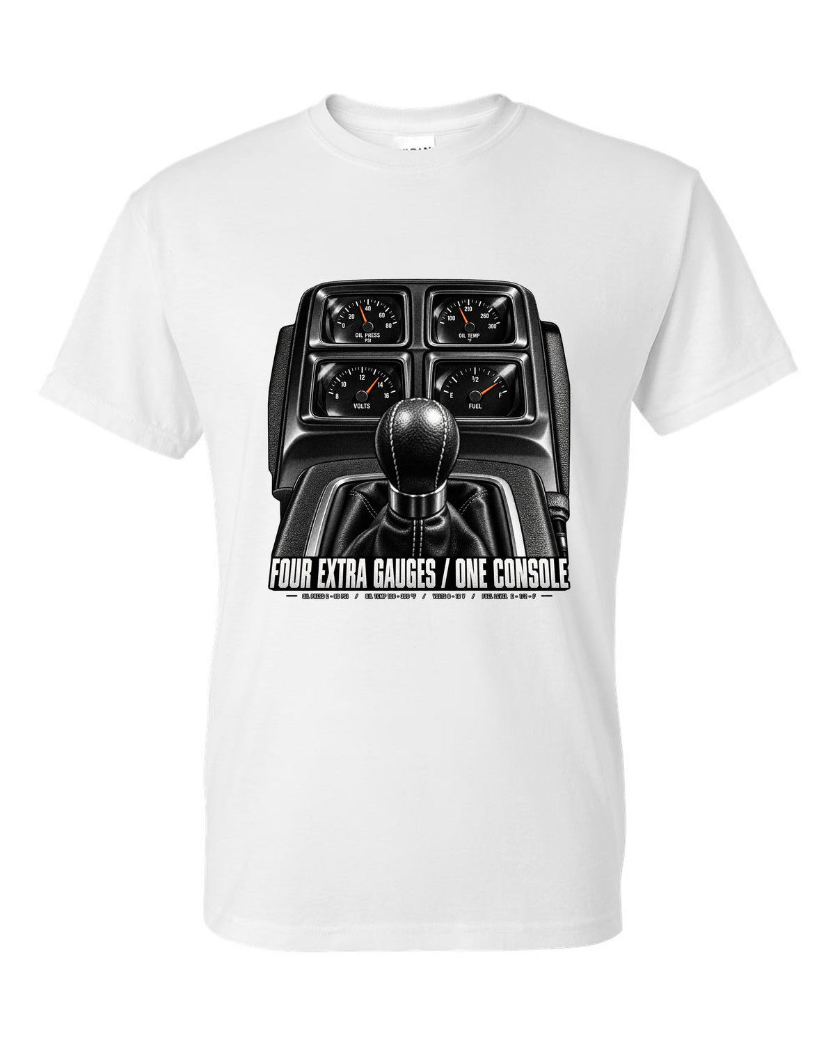 Cockpit print of a 2010 Chevrolet Camaro SS console gauge pod with four extra gauges text white t-shirt front view with the design