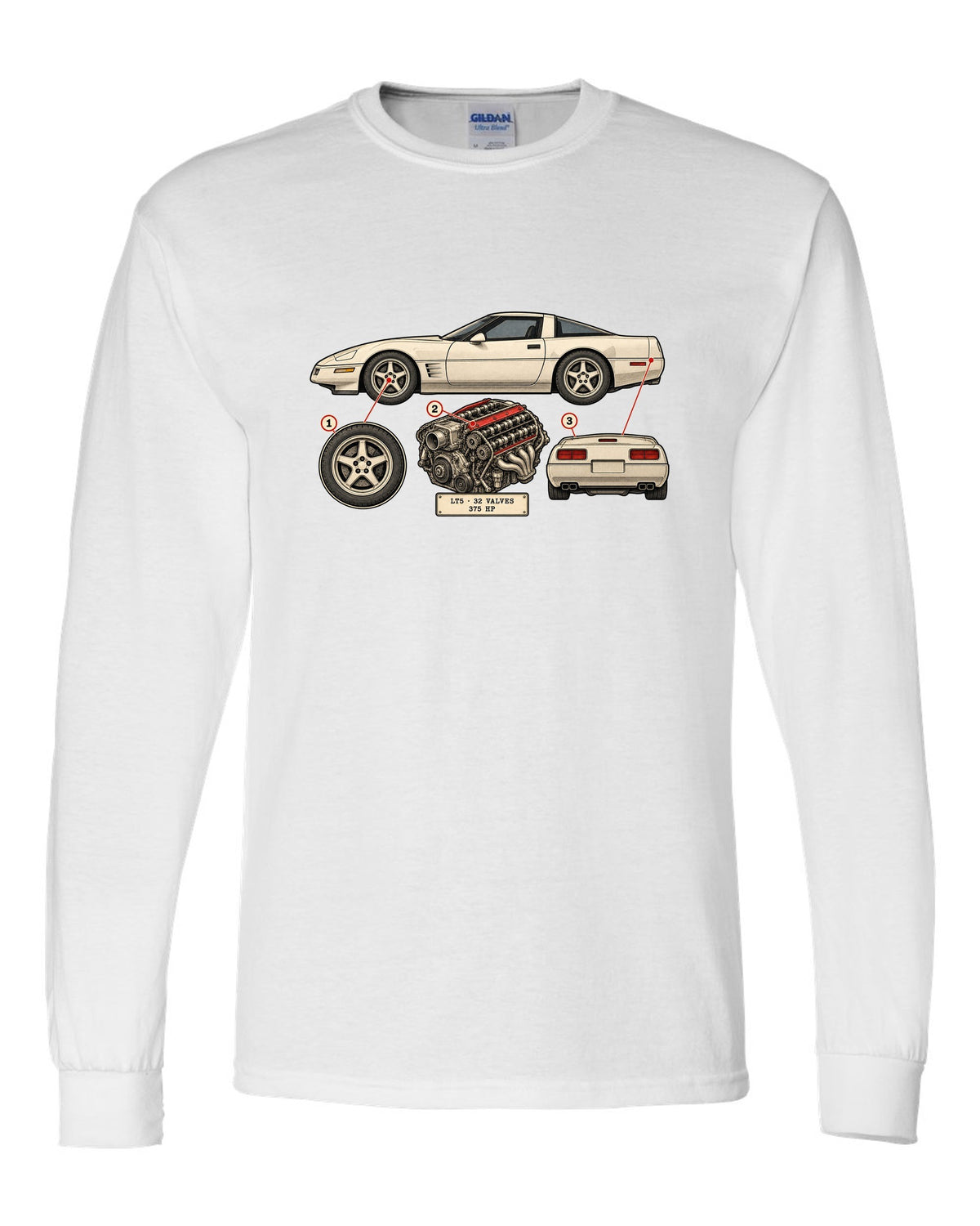 Neon HUD wireframe print of a 1997 Chevrolet Corvette C5 coupe with LT5 32 valves 375 HP lettering white long sleeve front view with the design