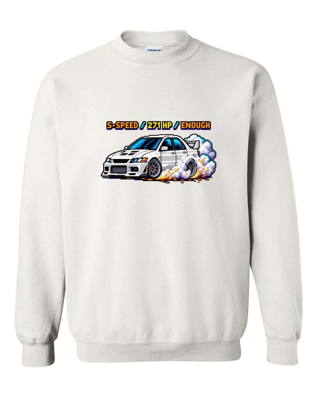 8-bit pixel art Mitsubishi Lancer Evolution VIII CT9A with launch control stats white crewneck front view with the design