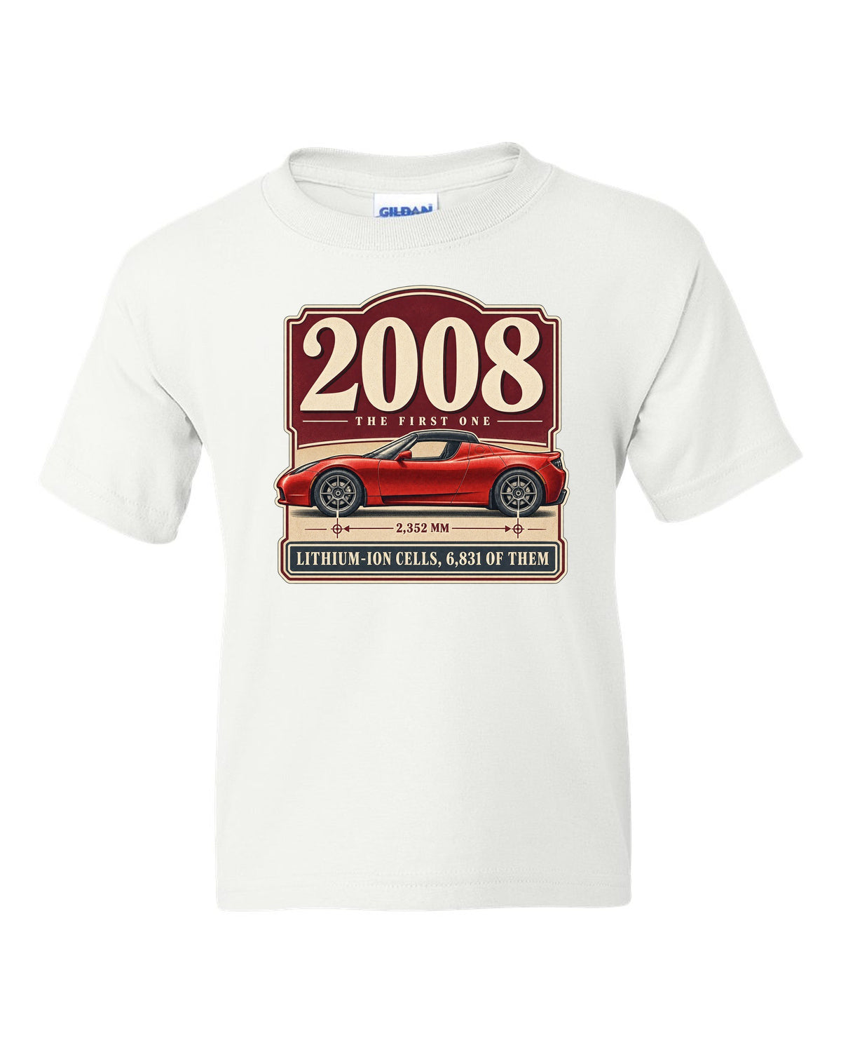 Tesla Roadster 2008 Archive Panel white kids tee front view with the design