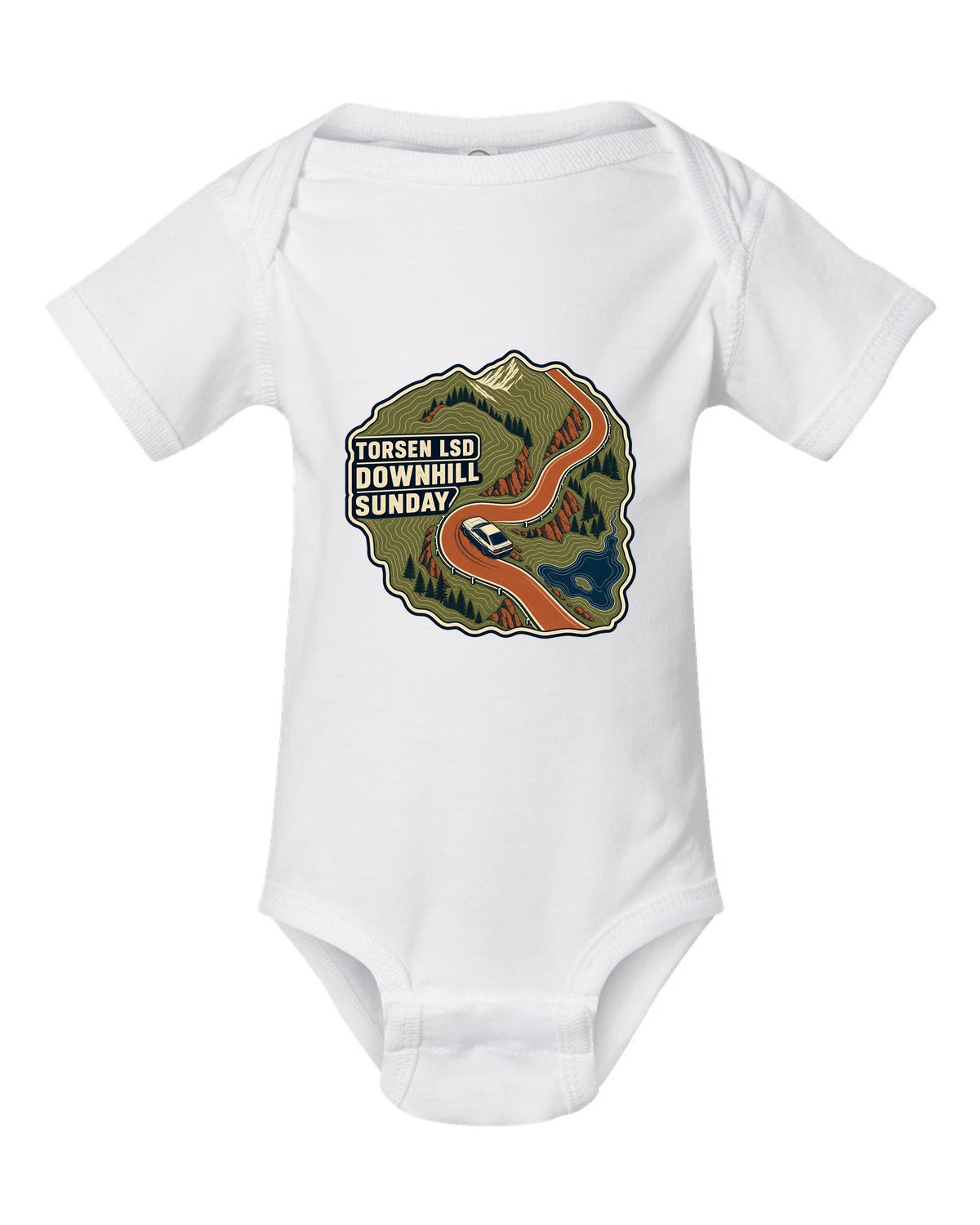 Topographic route map print for a Hyundai Genesis Coupe BK2 with Torsen LSD downhill Sunday text white baby onesie front view with the design