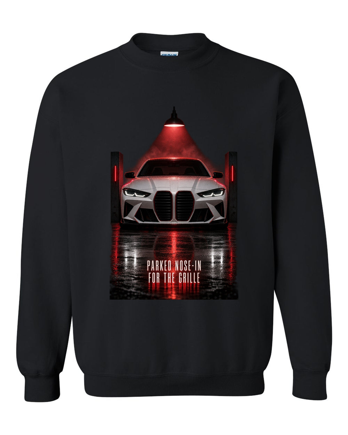 BMW G80 M3 garage night print with parked nose-in for the grille text black crewneck front view with the design