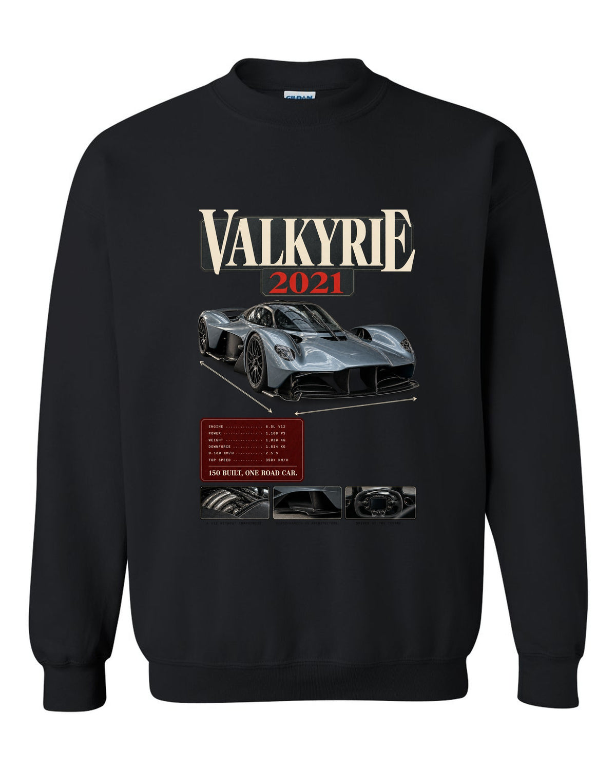 Aston Martin Valkyrie 2021 archive panel print with 150 built one road car text black crewneck front view with the design