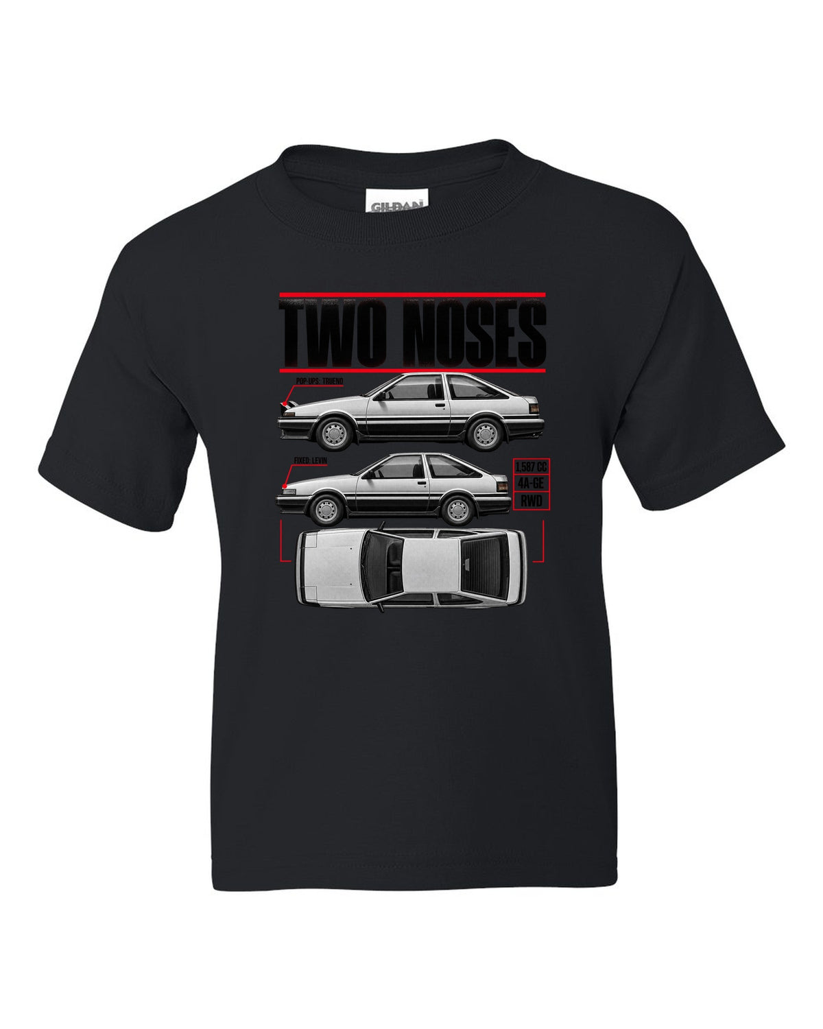print spec poster of a Toyota AE86 Trueno and Levin in profile with pop-up and fixed headlights black kids tee front view with the design