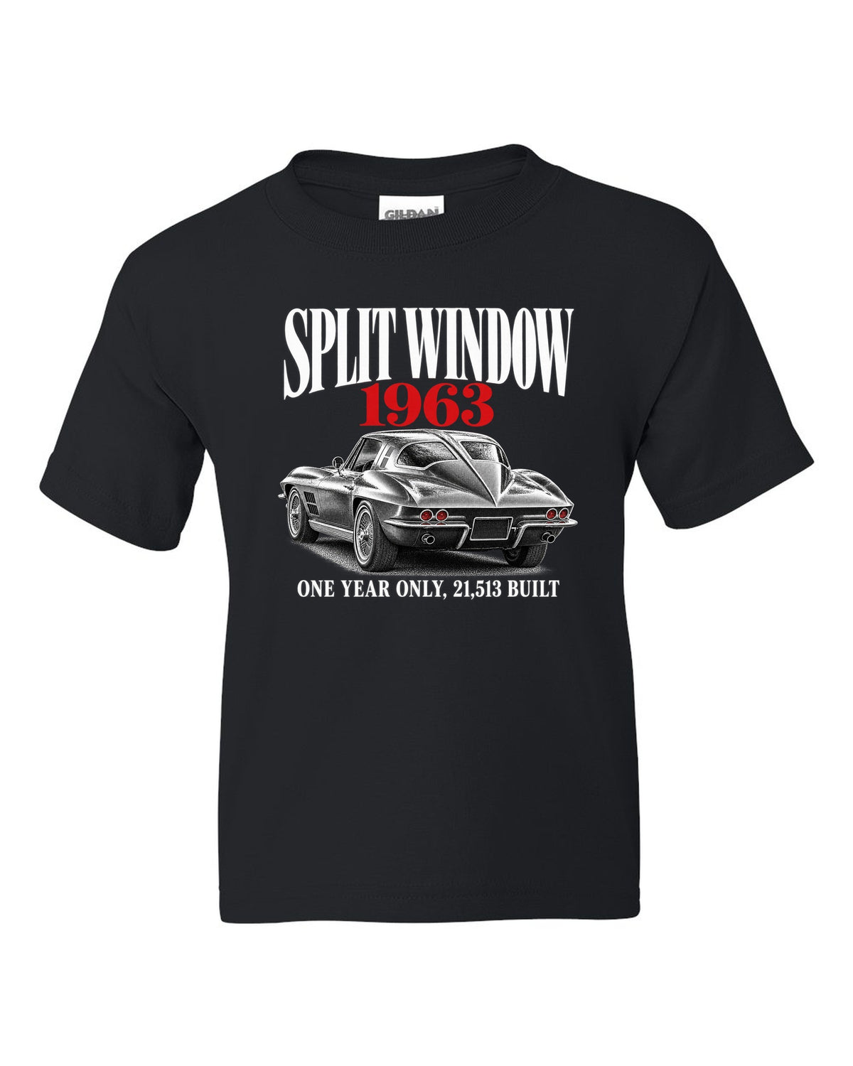 Chevrolet Corvette C2 Sting Ray 1963 split-window coupe editorial print black kids tee front view with the design