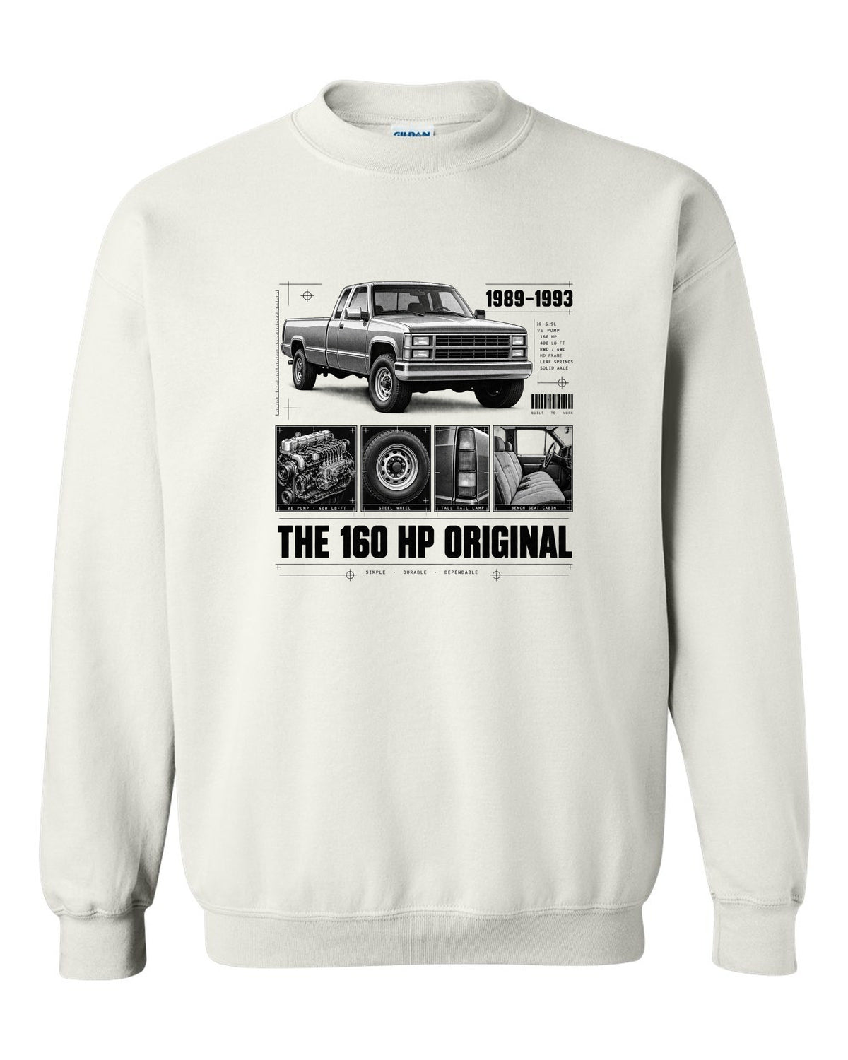 Dossier print of a 1989-93 Dodge D250 1st gen Cummins with VE pump and torque figures white crewneck front view with the design