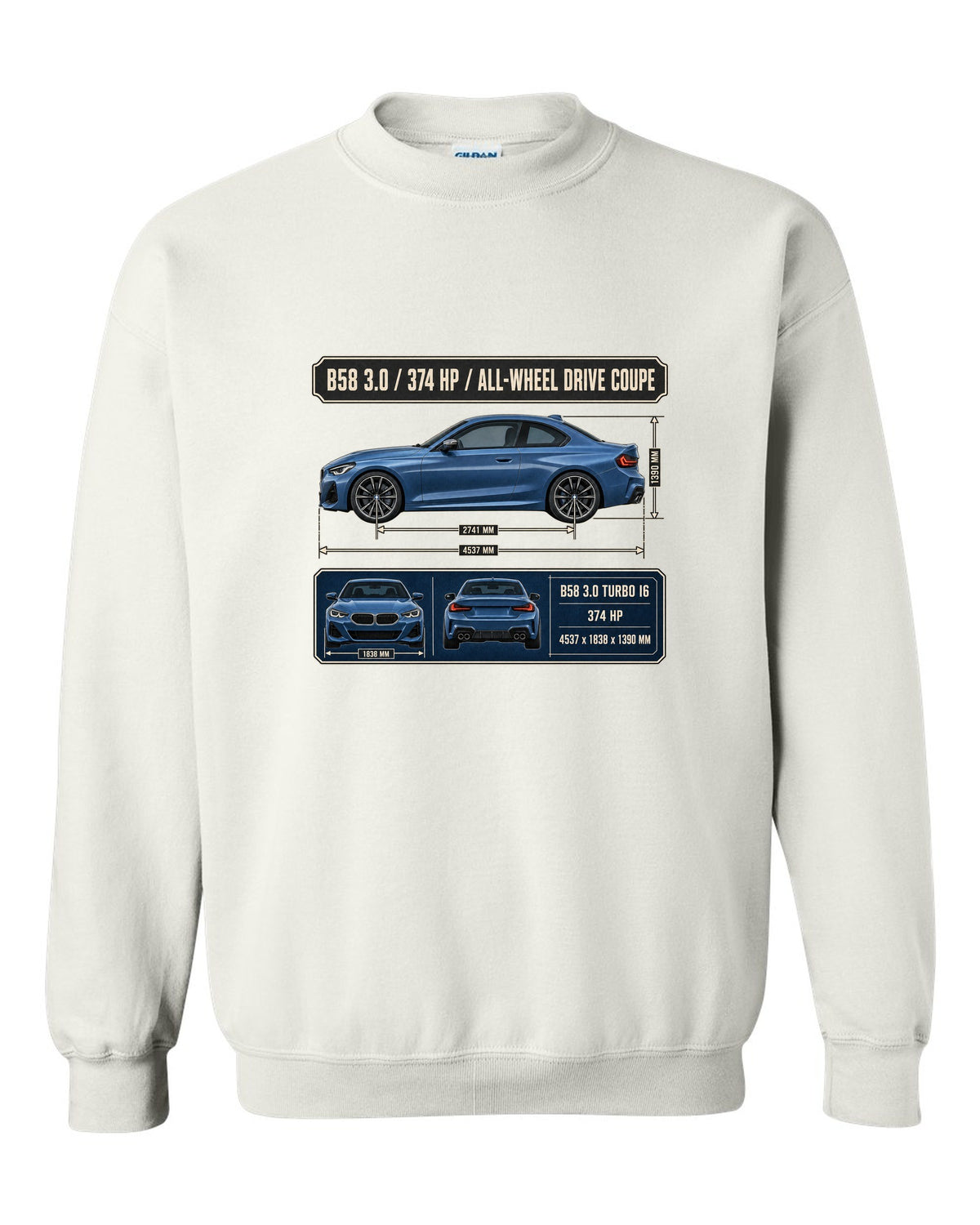 BMW M240i xDrive G42 coupe dimension blueprint print white crewneck front view with the design