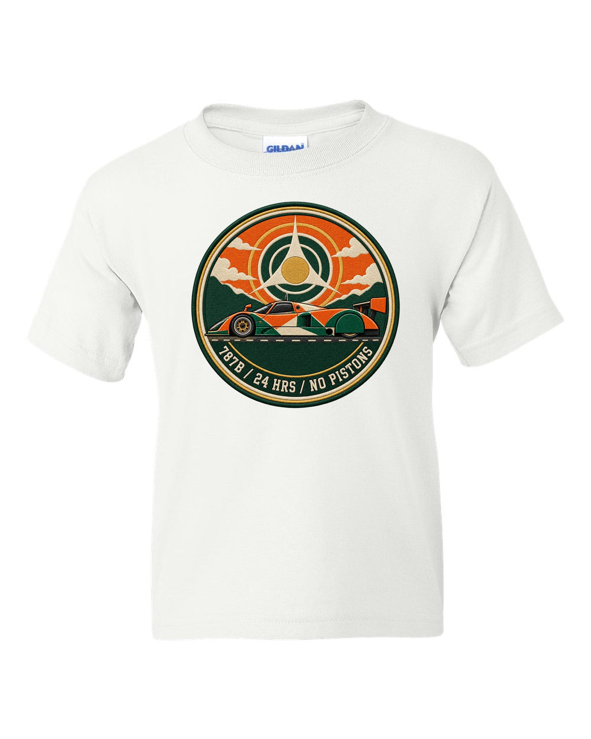 Varsity crest print of the Mazda 787B with 24 hrs and no pistons lettering white kids tee front view with the design