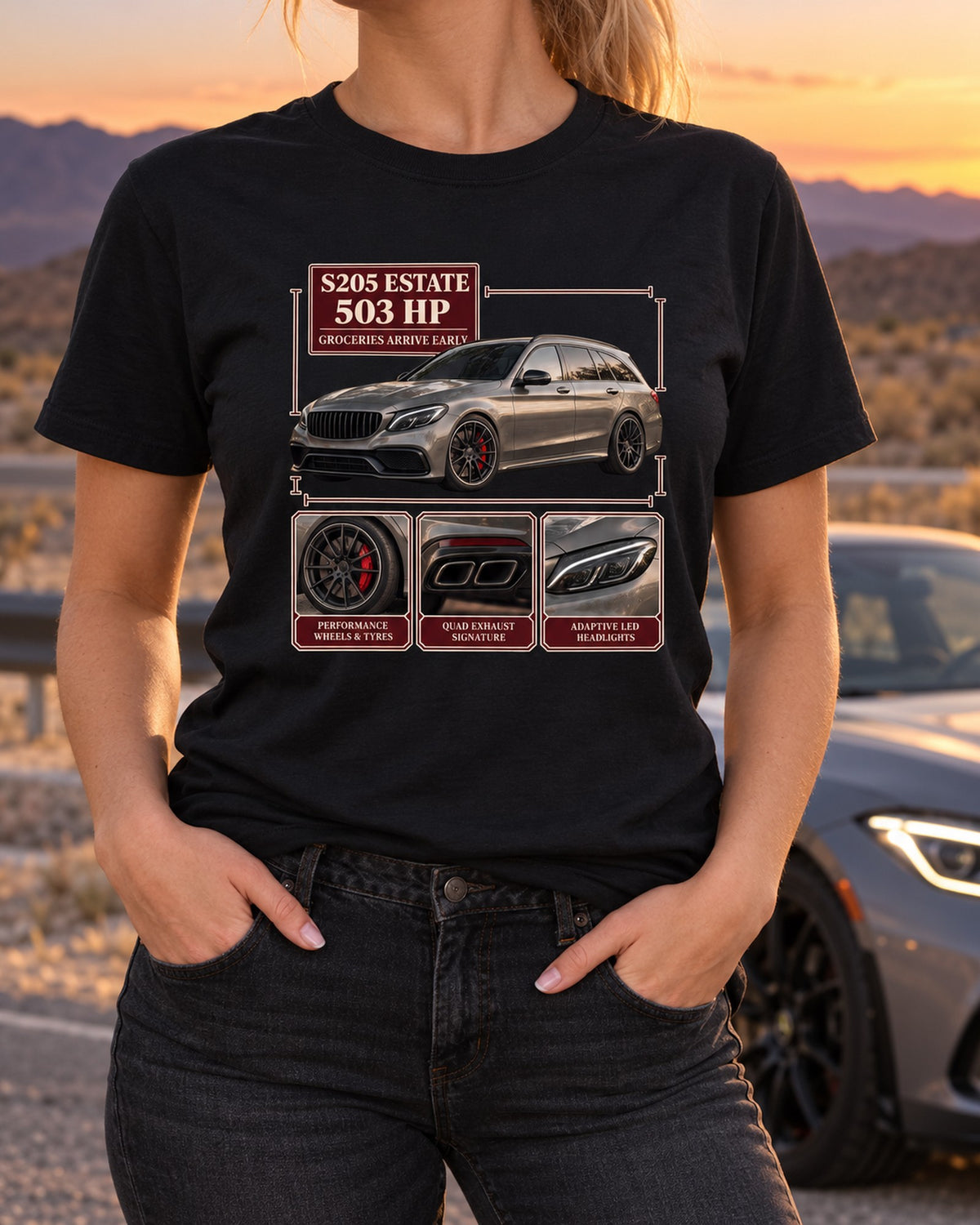 Mercedes-AMG C63 S Estate S205 Dossier Panel Shirt, 503 HP Wagon T-Shirt Black worn hero