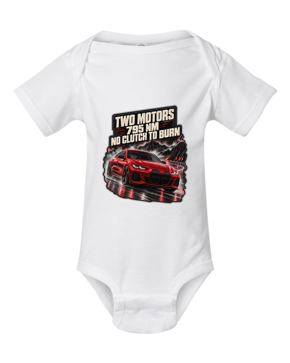 Night touge road print of a BMW i4 M50 G26 with two motors and 795 Nm white baby onesie front view with the design