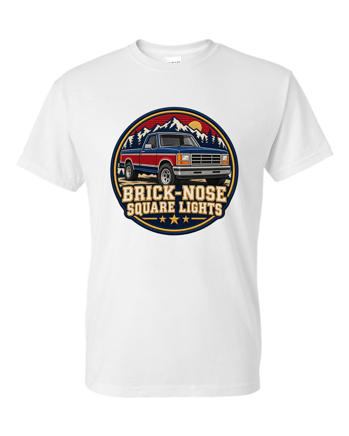 Shield crest print for a 1987-91 Ford F-150 Brick-Nose with square lights text white t-shirt front view with the design