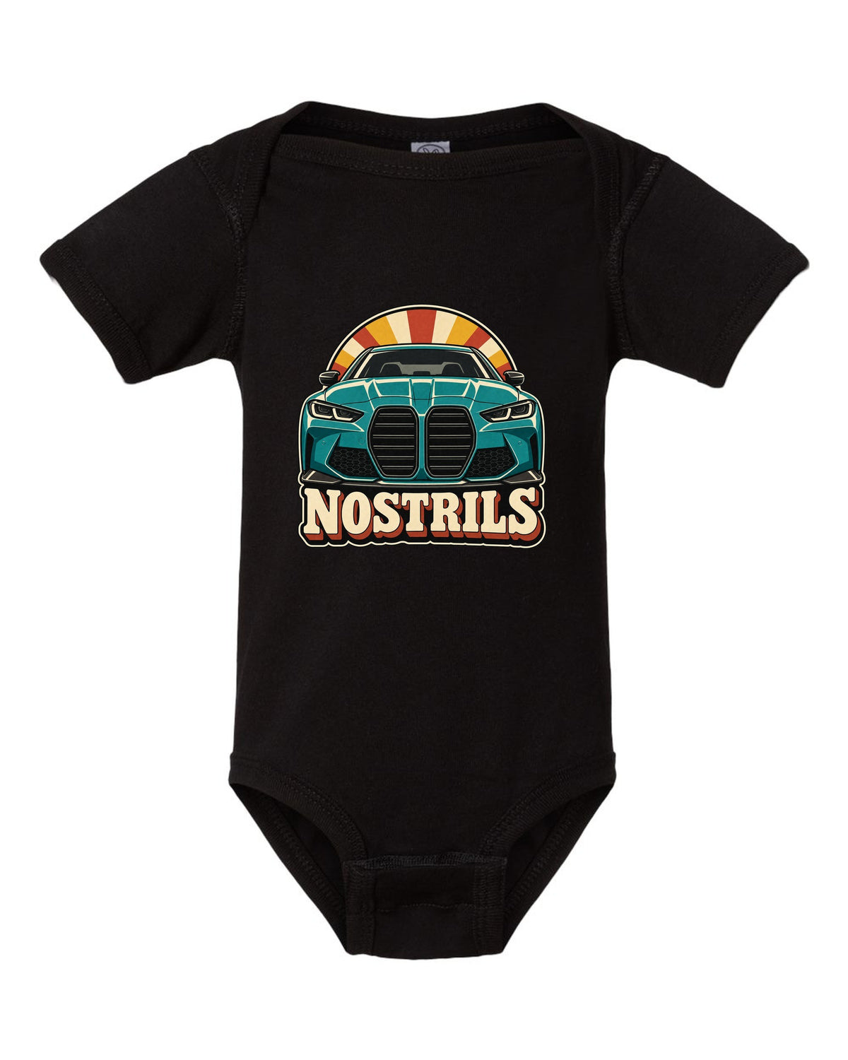 BMW G80 M3 retro catalogue ad style print with Nostrils text black baby onesie front view with the design