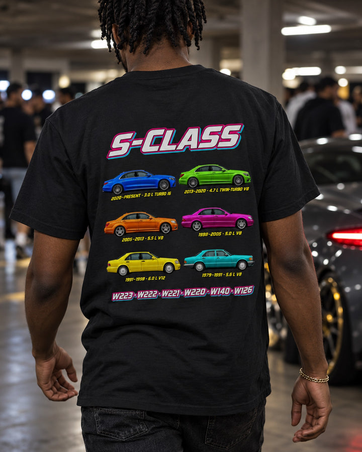 Mercedes S Evolution Poster Full-Back Graphic Tee T-Shirt Black worn hero