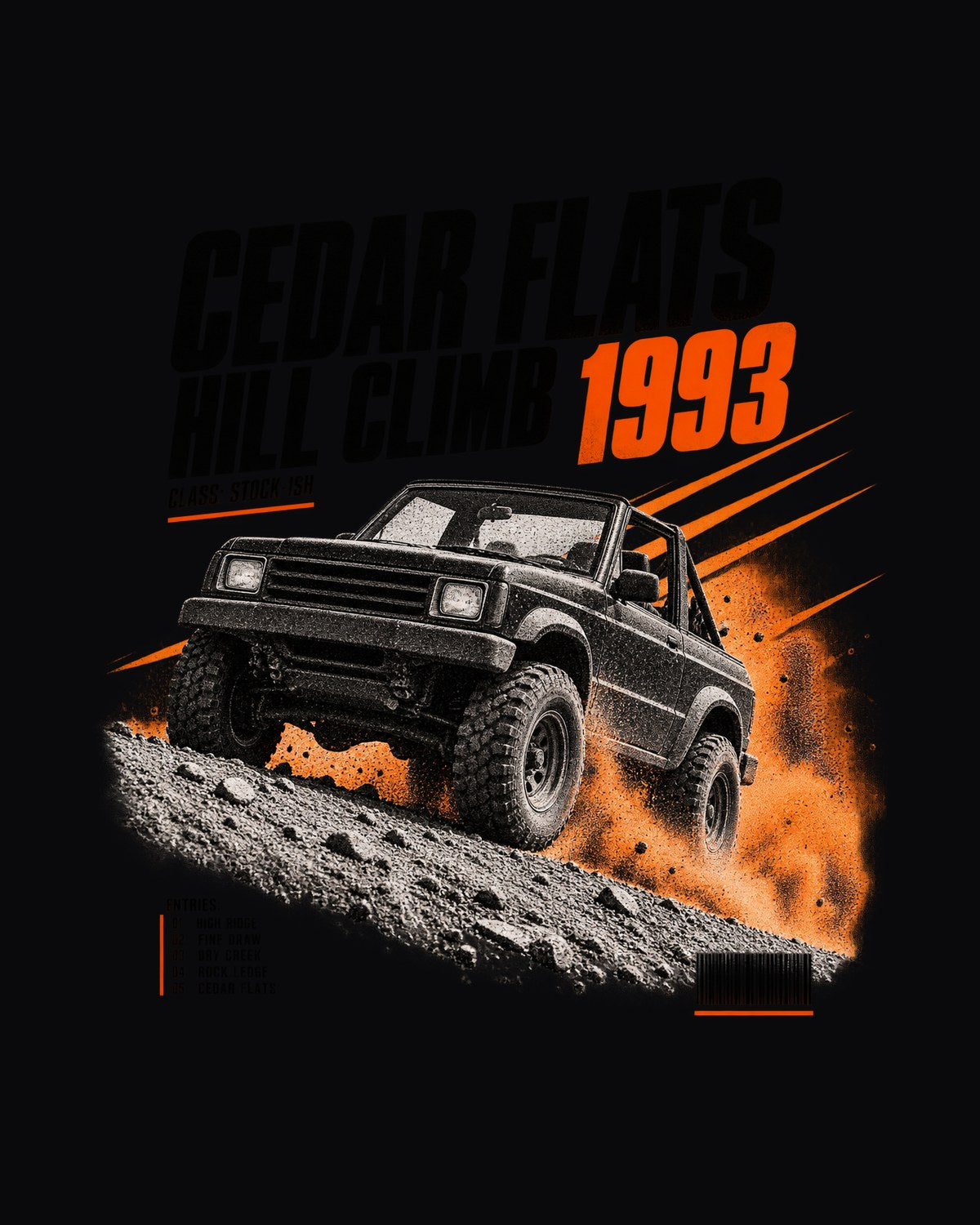 Jeep Wrangler YJ Hill Climb Race Poster Tee, 1987-1995 design only