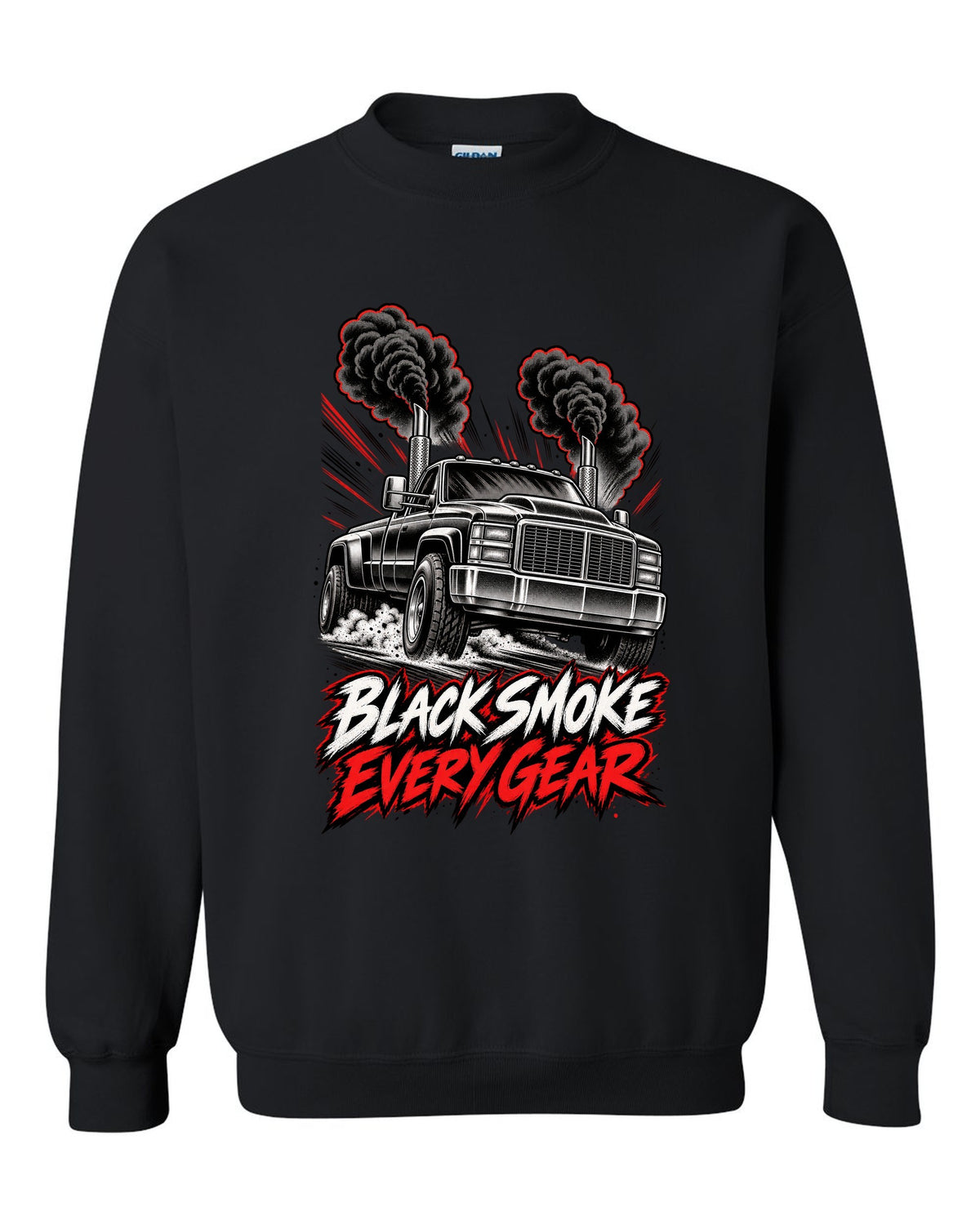 Retro manga halftone panel print of a 1994-1998 Dodge Ram 2500 12V Cummins with black smoke black crewneck front view with the design