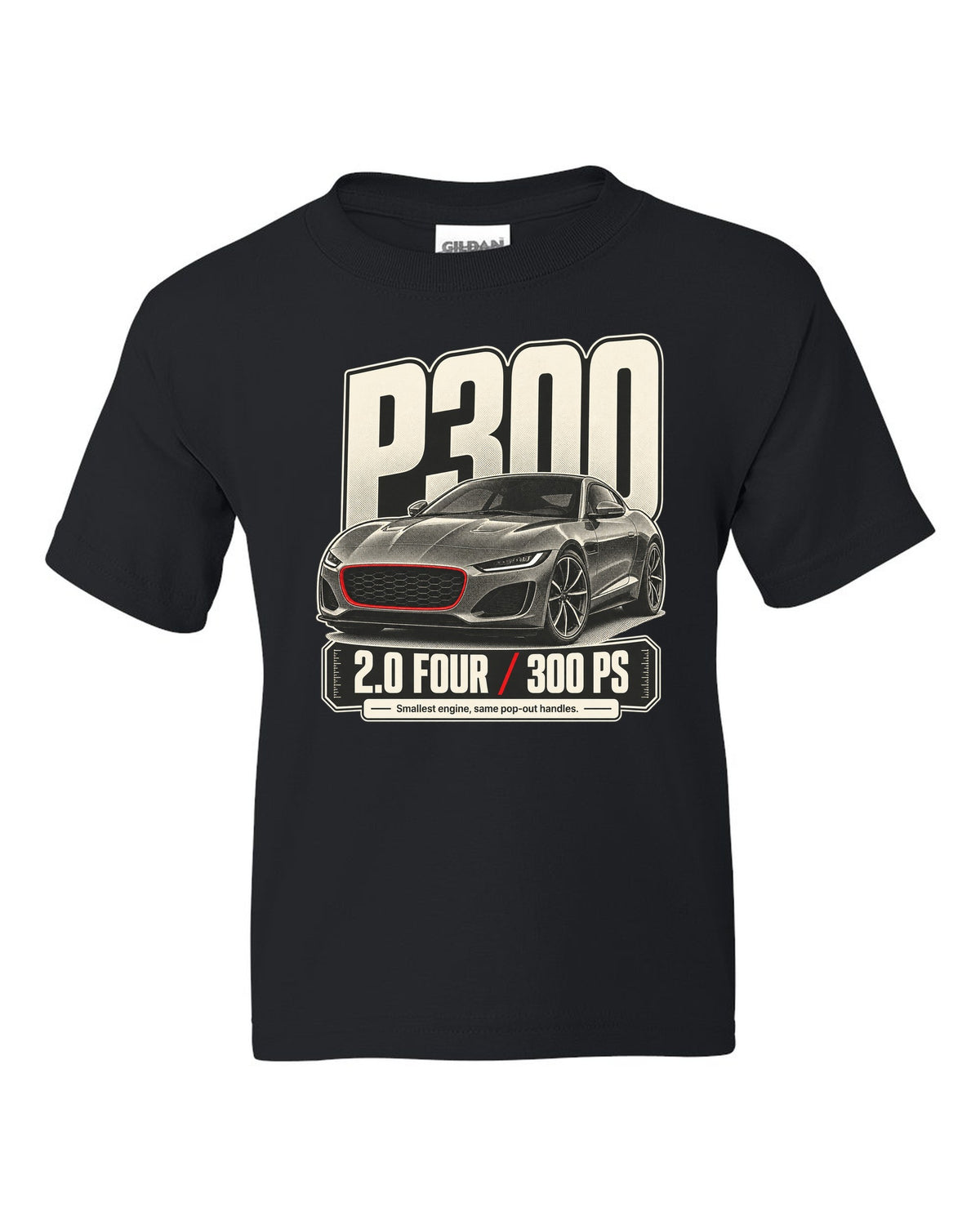 Halftone statement print for the Jaguar F-Type P300 2.0 four-cylinder with 300 PS text black kids tee front view with the design