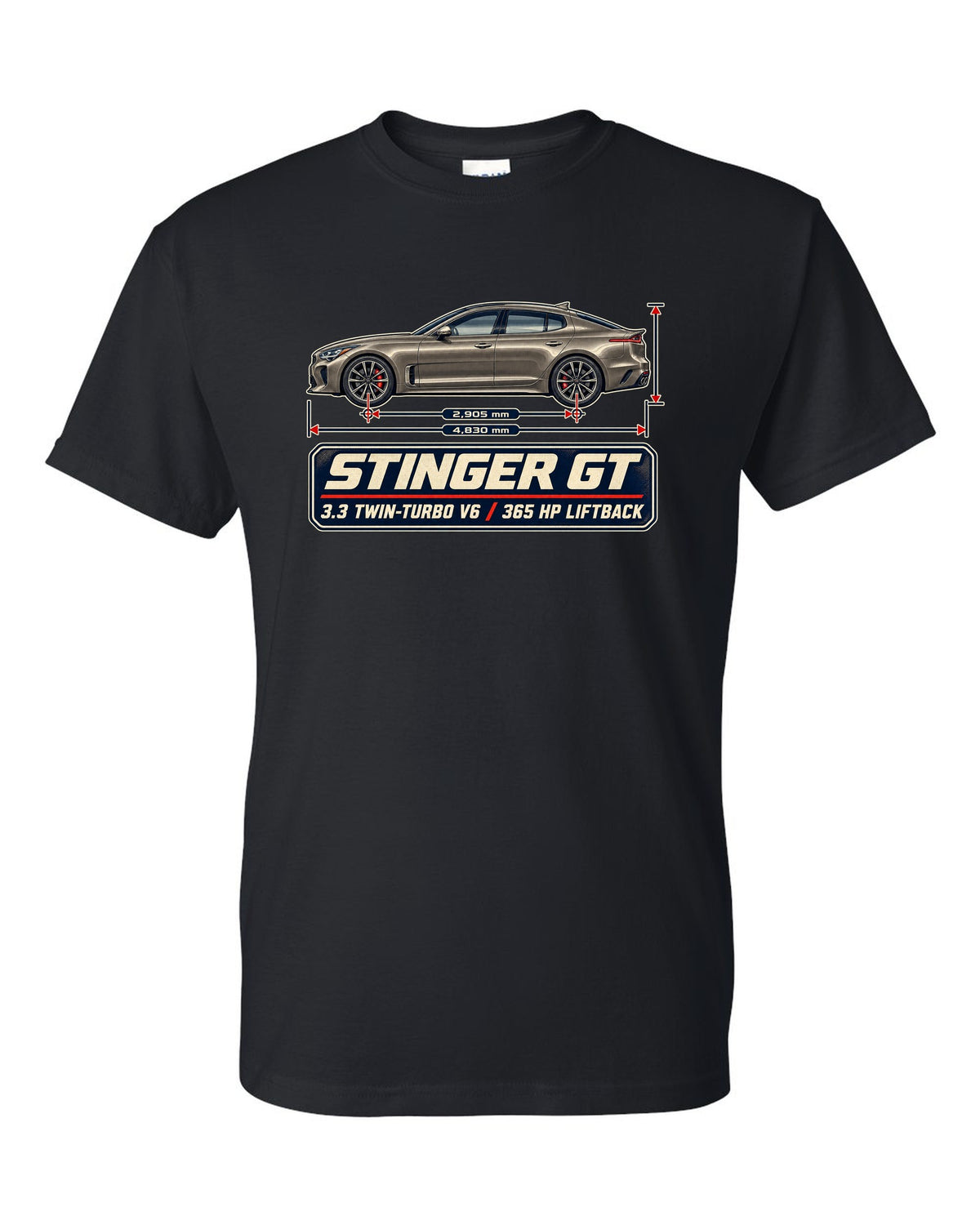 Kia Stinger GT dimension blueprint print on a shirt black t-shirt front view with the design