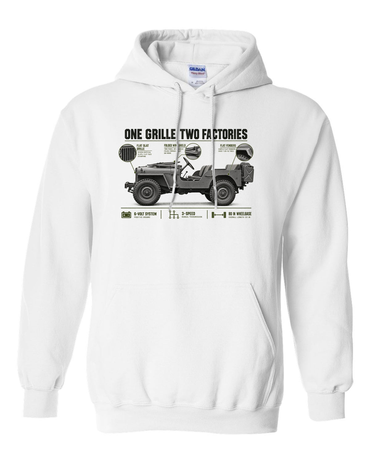 Spec poster print for the Willys MB and Ford GPW, 1941-1945 white pull over hoodie front view with the design
