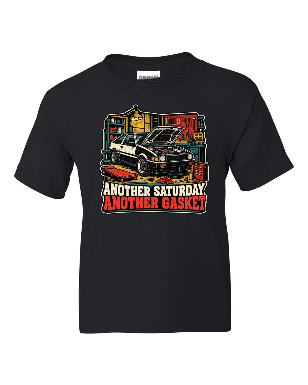 Linocut woodcut-style Toyota Corolla Levin AE86 with garage Saturday slogan black kids tee front view with the design