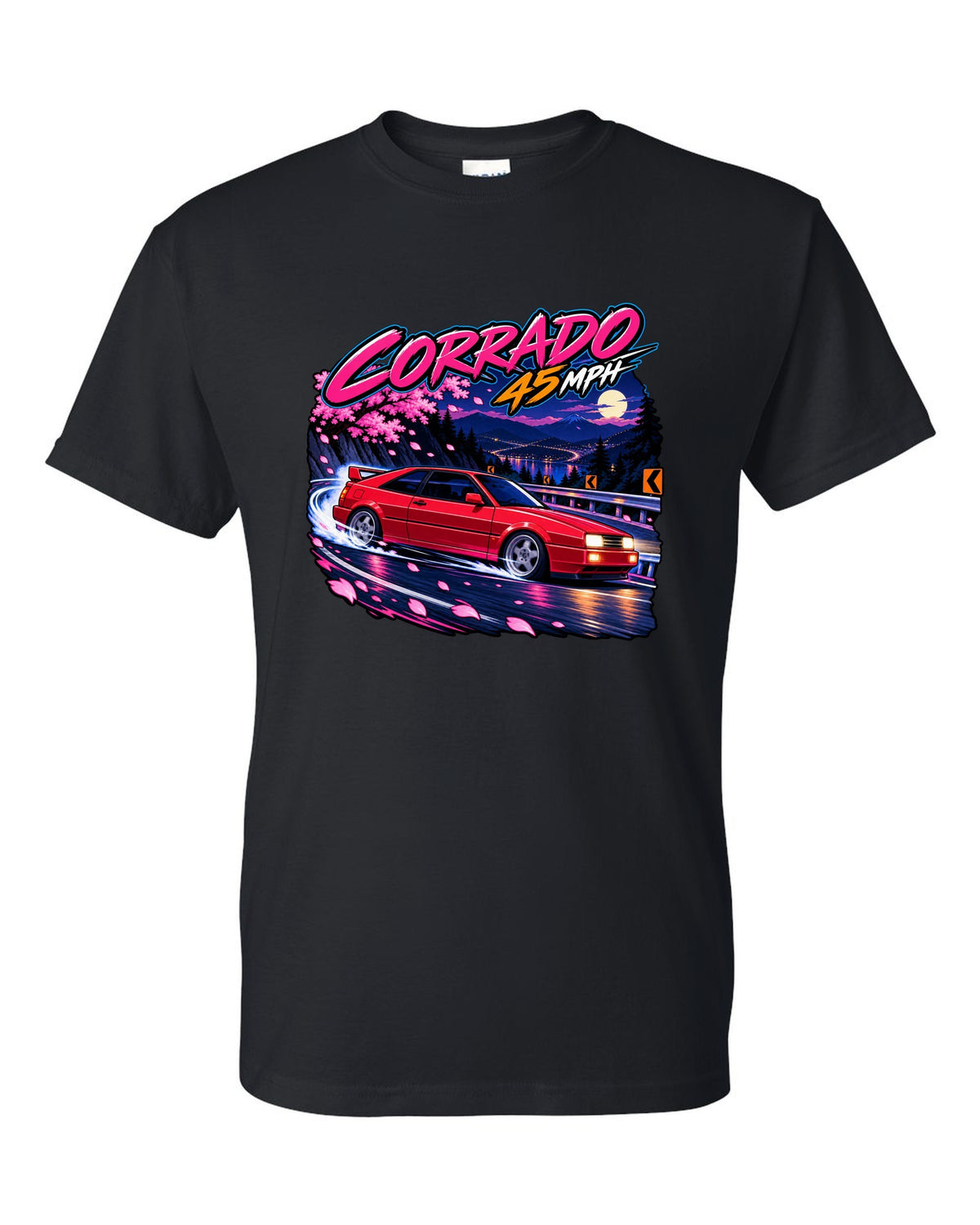 Cel-shaded anime night touge hairpin scene of a VW Corrado VR6 with Corrado 45 mph text black t-shirt front view with the design