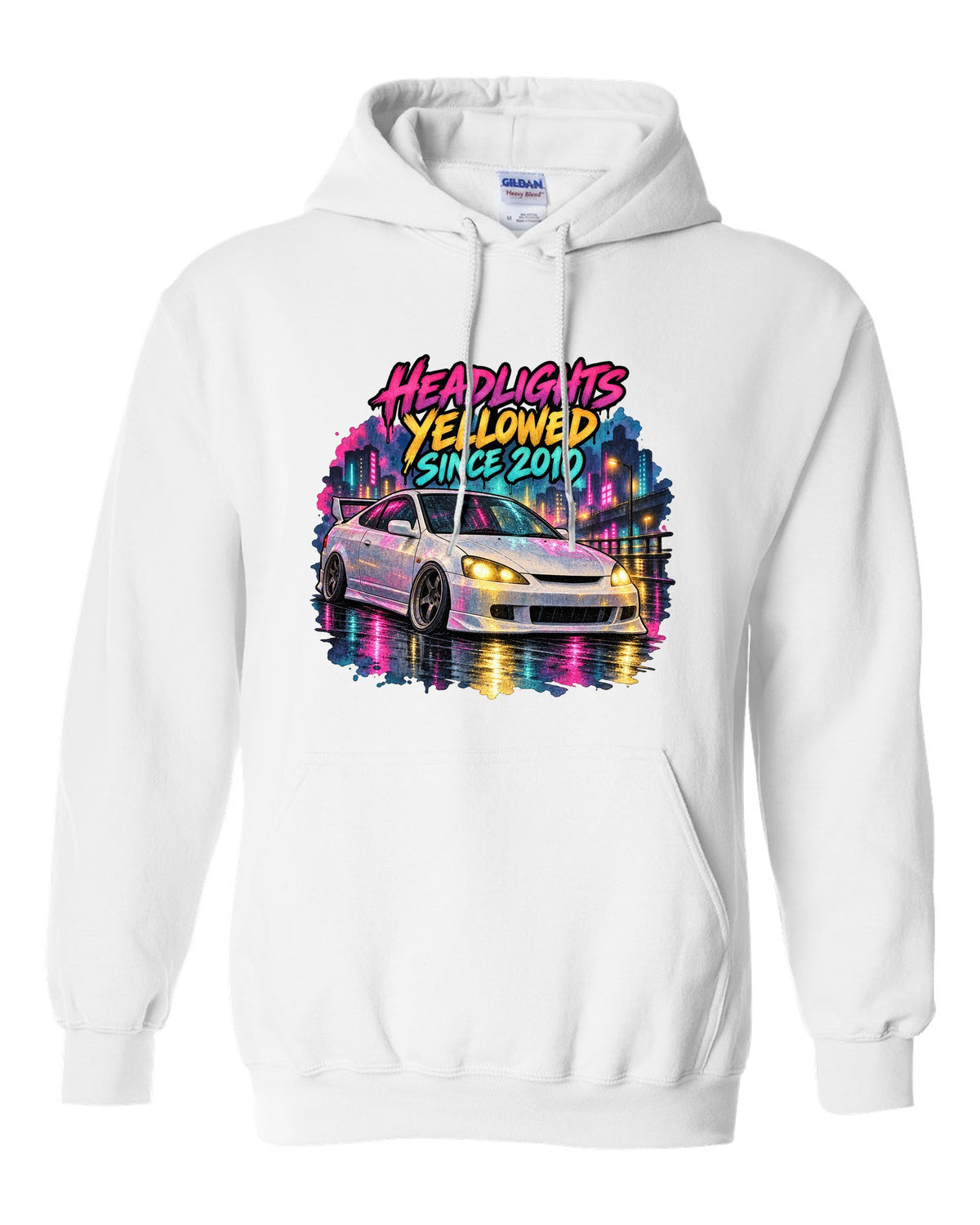 Sticker bomb collage print of a 1995 Honda Integra DC2 coupe with Teg is not an ITR text white pull over hoodie front view with the design