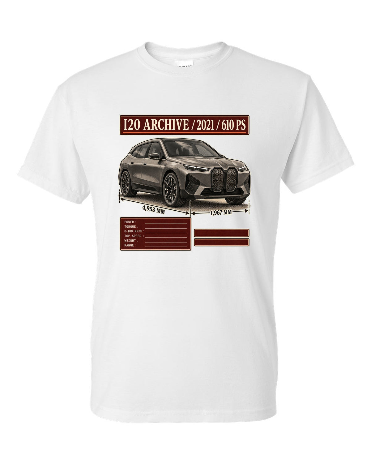Archive panel print of the BMW iX M60 I20 with 2021 and 610 PS white t-shirt front view with the design