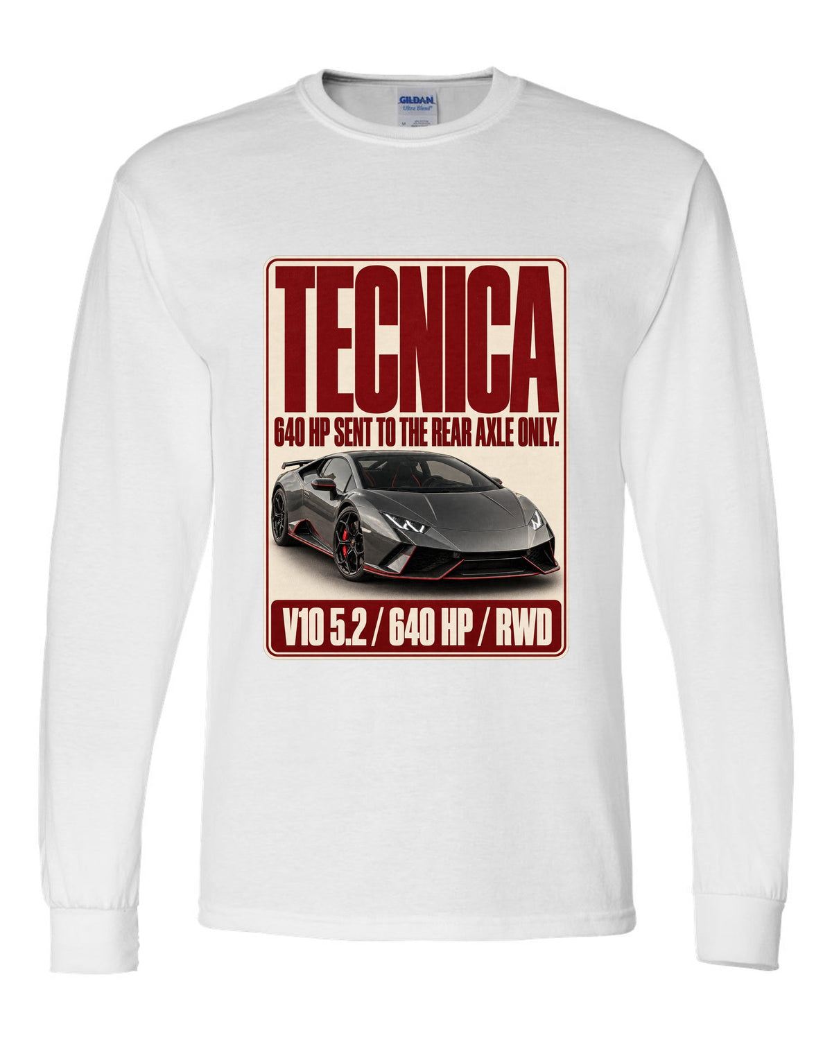 Editorial headline print of the Lamborghini Huracan Tecnica white long sleeve front view with the design