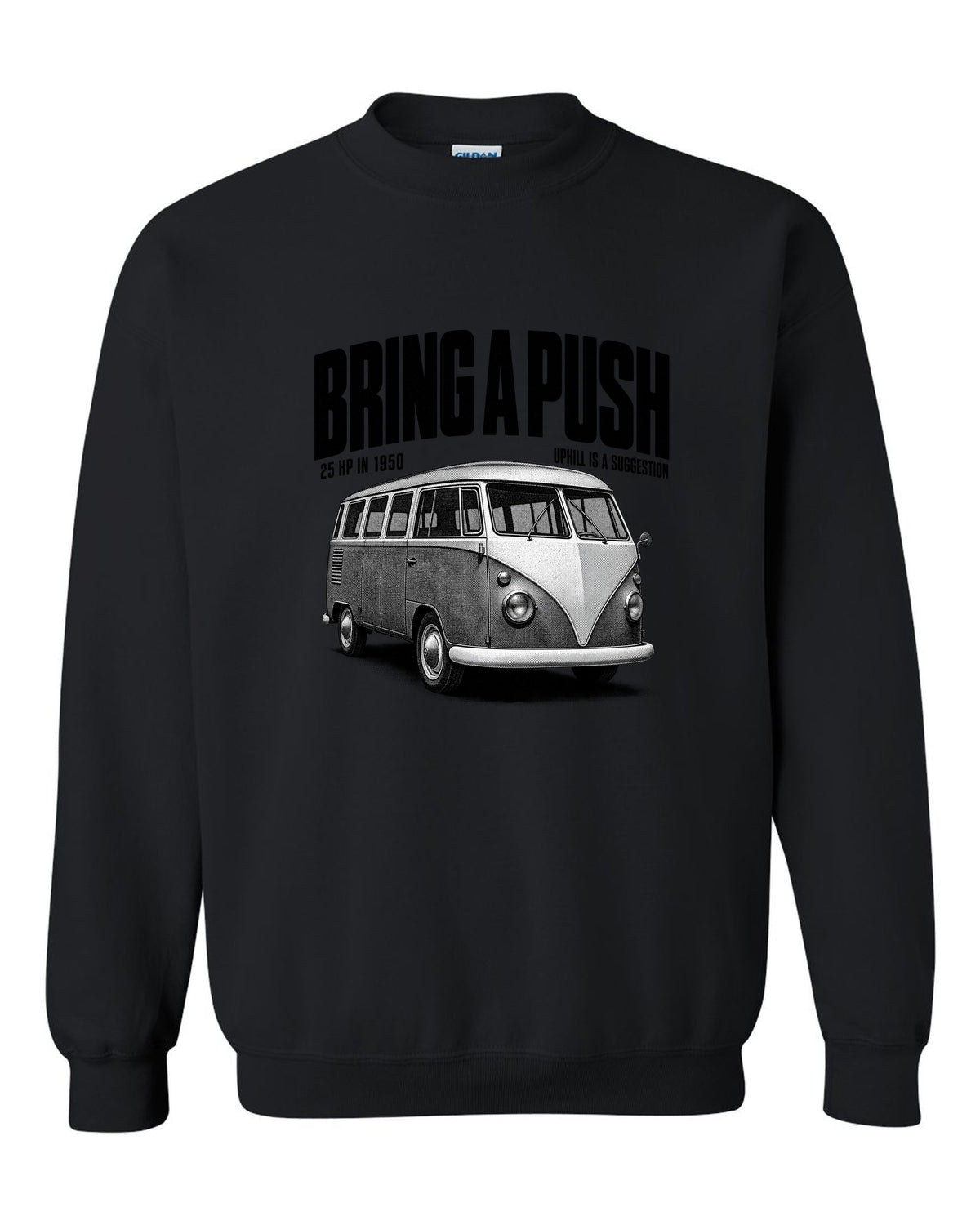Halftone print of a VW T1 split-window microbus with bring a push text black crewneck front view with the design