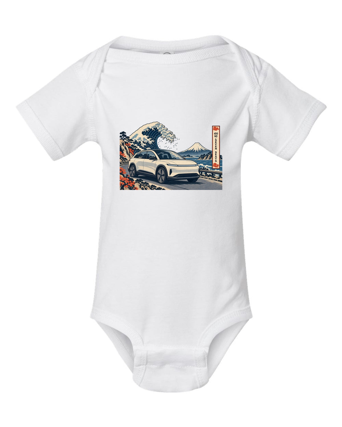 Lucid Gravity ukiyo-e woodblock ridge line print with the text 450 mi seven seats white baby onesie front view with the design