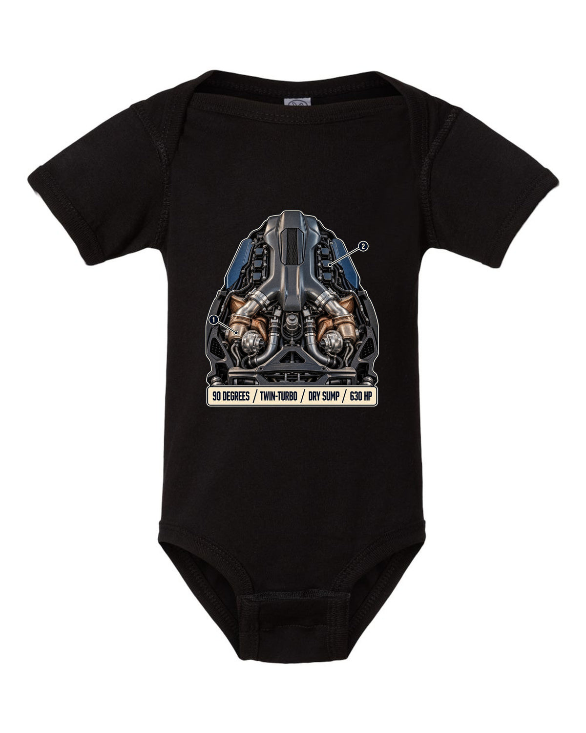 Maserati MC20 Nettuno V6 engine hero illustration, print black baby onesie front view with the design
