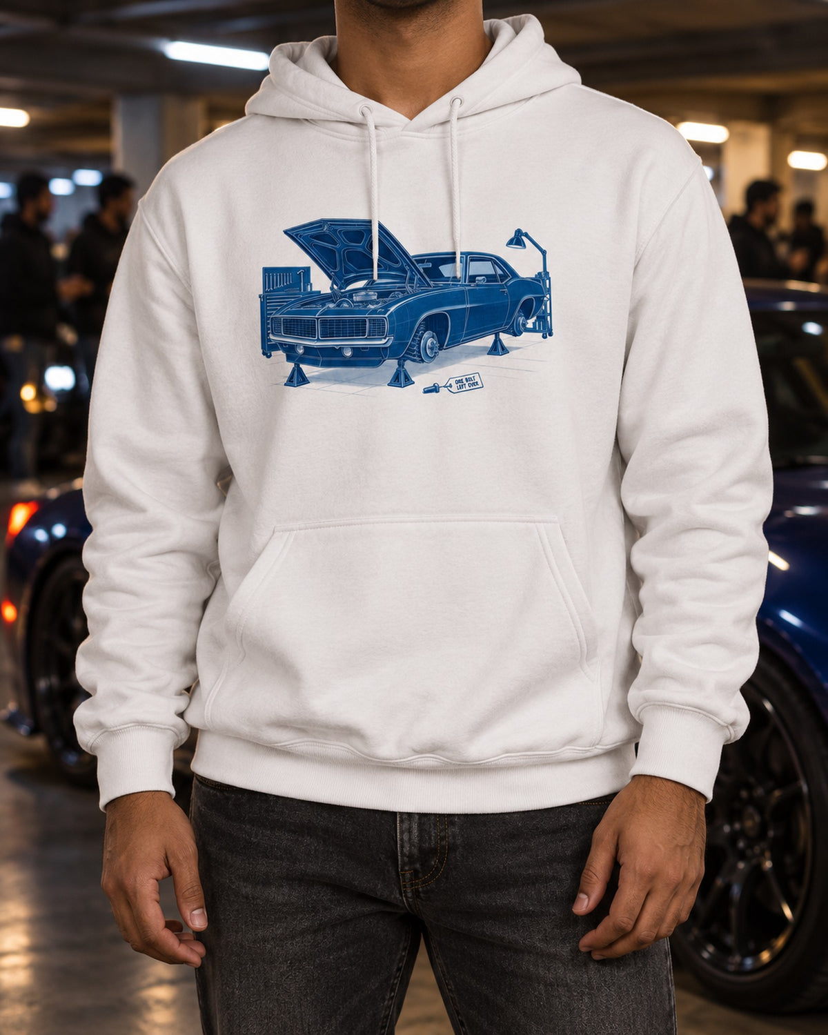 1969 Camaro Cyanotype Shirt, One Bolt Left Over Garage Tee Pull Over Hoodie White worn hero