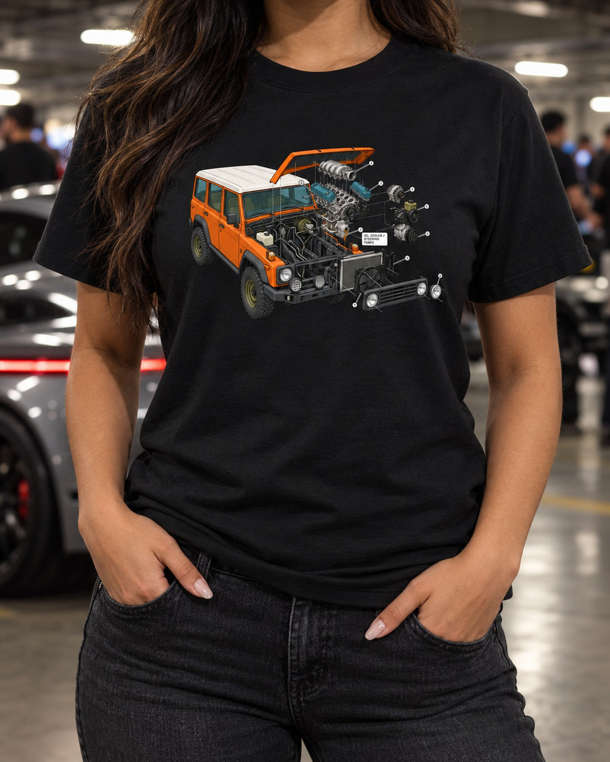 JK Wrangler V6 Exploded Engine Bay Shirt, Oil Cooler Drips T-Shirt Black worn hero
