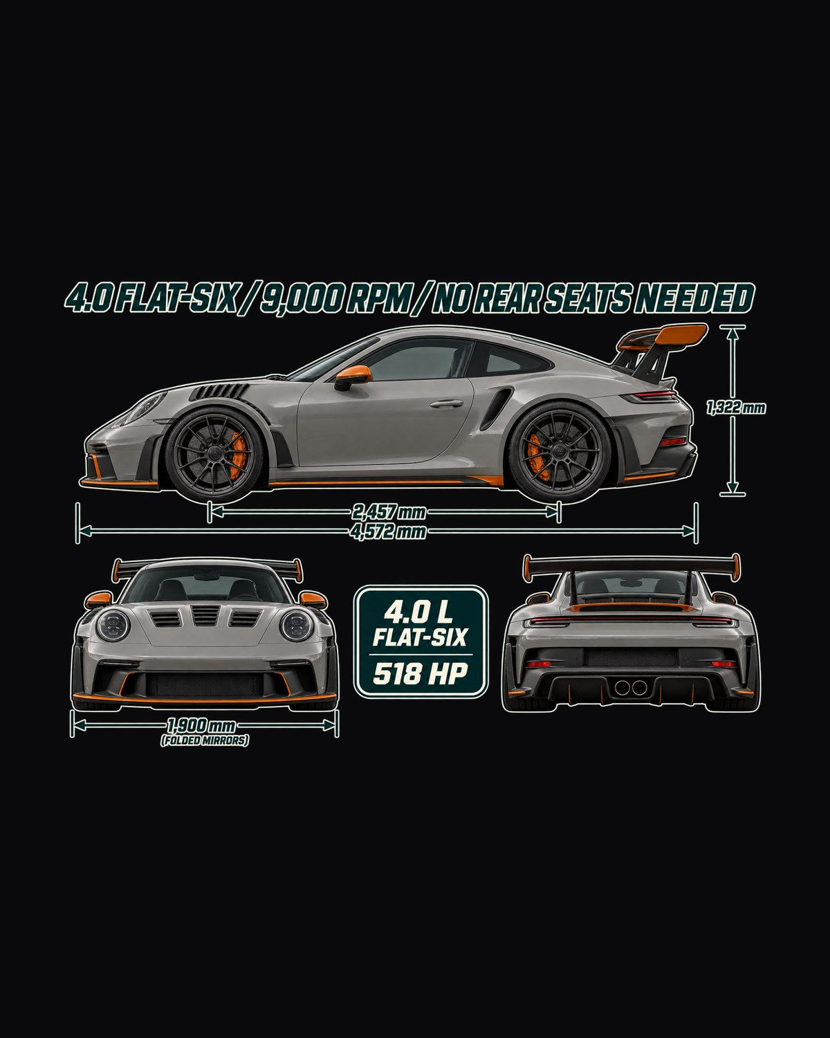 Porsche 911 GT3 RS 992 Three-View Spec Table Shirt design only